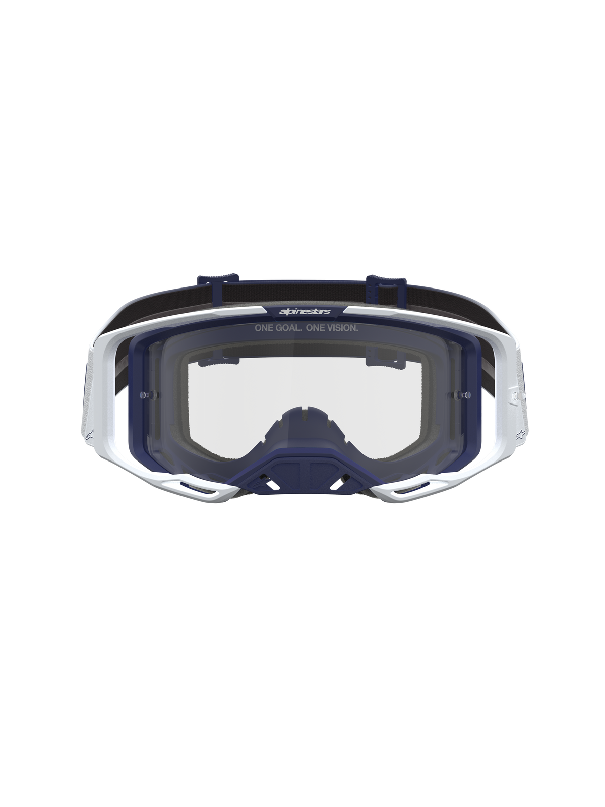 Maschere Alpinestars Vision 8 Amber, maschere da motocross bianche e blu navy con lente trasparente, telaio A-FLEX e ventilazione RAM-AIR per prestazioni off-road.