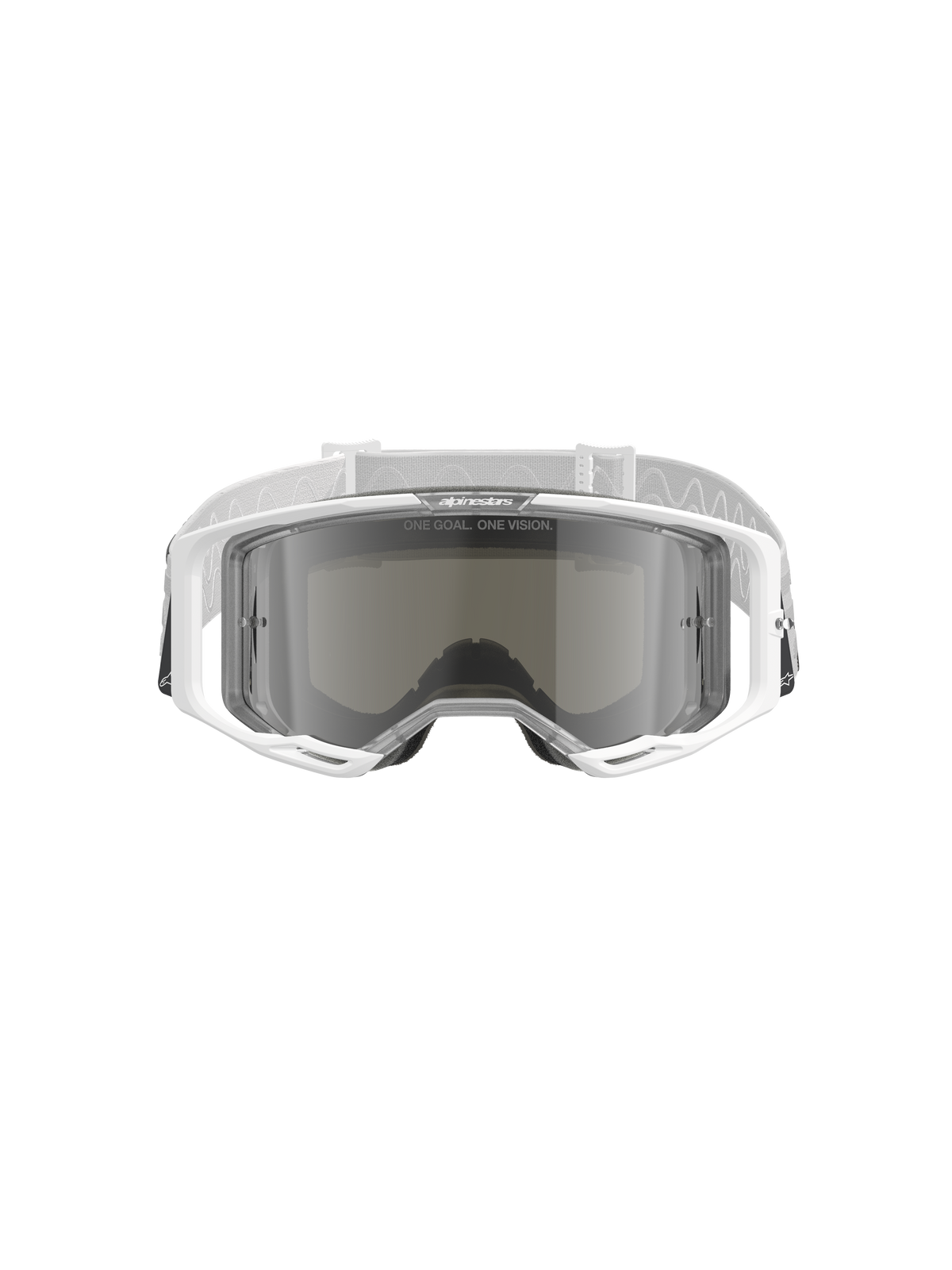 Alpinestars Vision 8 Corp Goggles, occhiali da motocross, bianco con lente Mirror Silver, vista frontale con lente in policarbonato grandangolare, sistema di ventilazione RAM-AIR e cinghia intrecciata bianca con marchio.