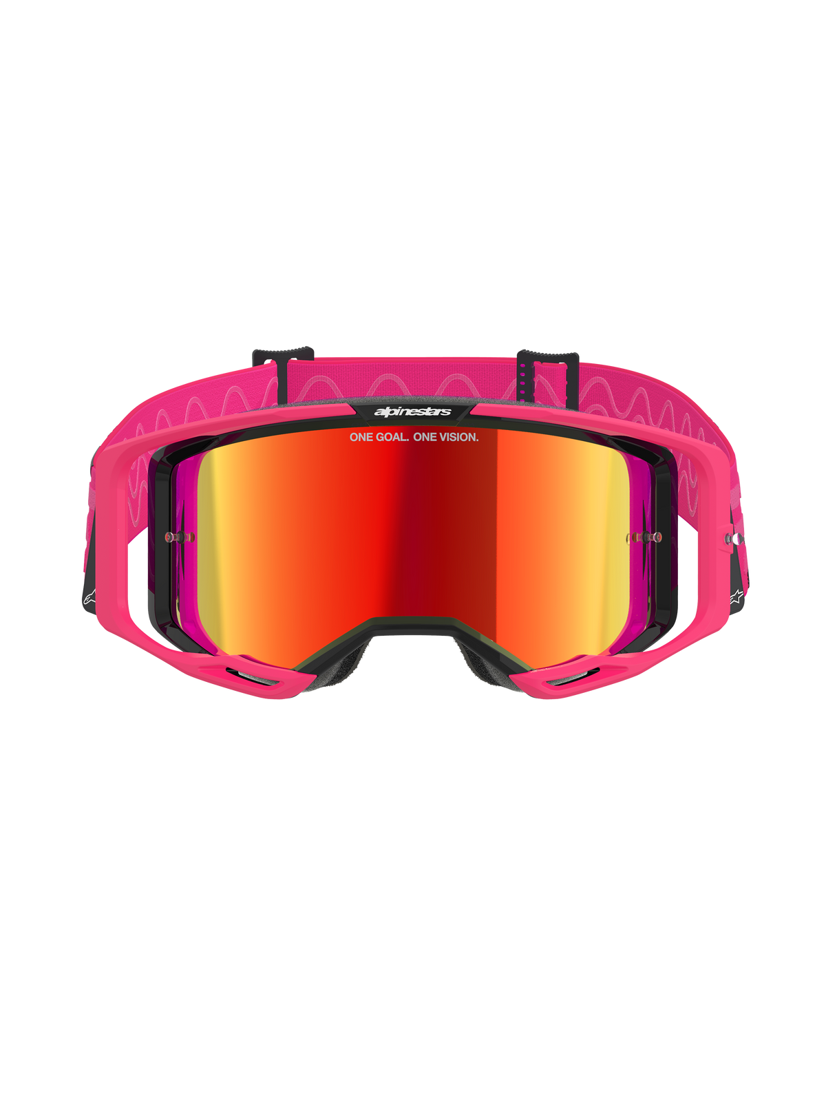Alpinestars Vision 8 Corp Goggles, occhiali da motocross, Rosa Mirror Red, con montatura A-FLEX rosa e lente rossa a specchio, fascia rosa con motivi ondulati bianchi e logo, occhiali professionali per corse fuoristrada