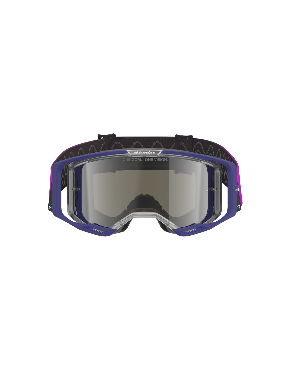 Maschere Alpinestars Vision 8 Corp, occhiali da motocross con montatura viola e lente a specchio argento grigio chiaro, costruzione leggera A-FLEX, ventilazione RAM-AIR, marchio "ONE GOAL. ONE VISION." sulla lente, cinturino viola, protezione professionale per gli occhi off-road