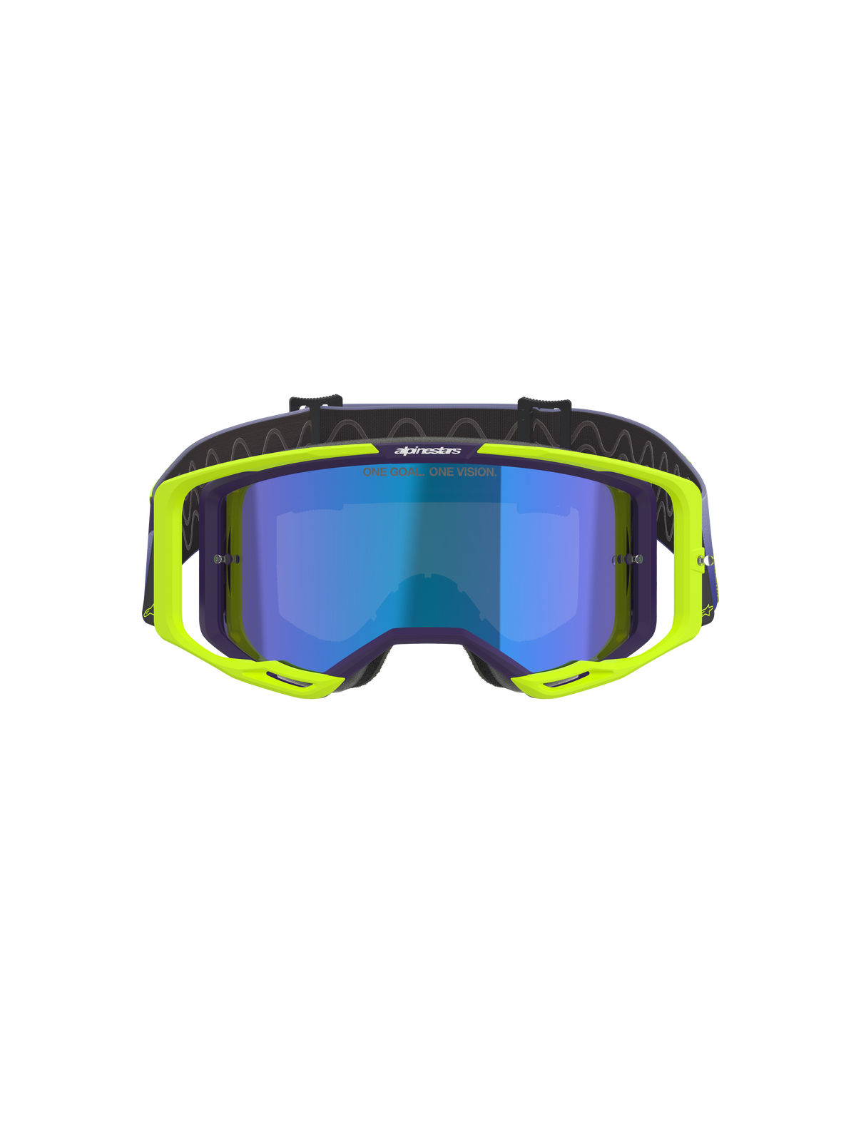 Alpinestars Vision 8 Corp Goggles, maschere da motocross, viola e giallo fluo, con lente blu a specchio, telaio A-FLEX giallo fluorescente con accenti viola e cinturino viola regolabile, occhiali da fuoristrada ad alte prestazioni