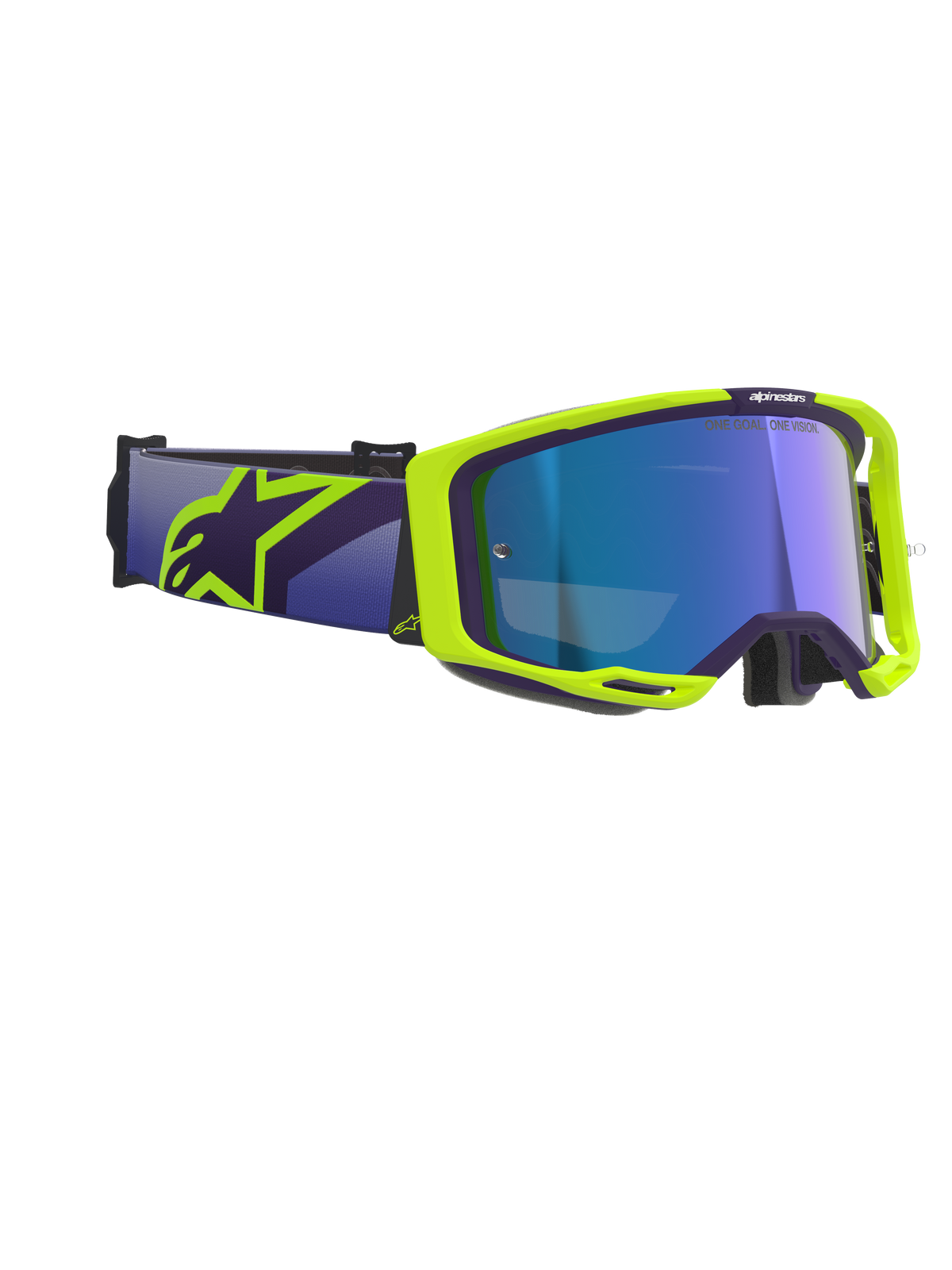 Alpinestars Vision 8 Corp Goggles, occhiali da motocross, viola e giallo fluorescente, con lente Mirror Blue, ampia fascia viola con vistoso logo Alpinestars giallo, telaio flessibile con dettagli di ventilazione per prestazioni off-road