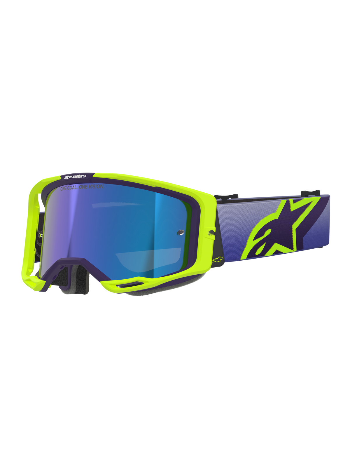 Alpinestars Vision 8 Corp Goggles, maschera da motocross, montatura viola e giallo fluo con lente blu specchiata, ampio cinturino viola e vistoso logo Alpinestars giallo, occhiali ad alte prestazioni per corse fuoristrada