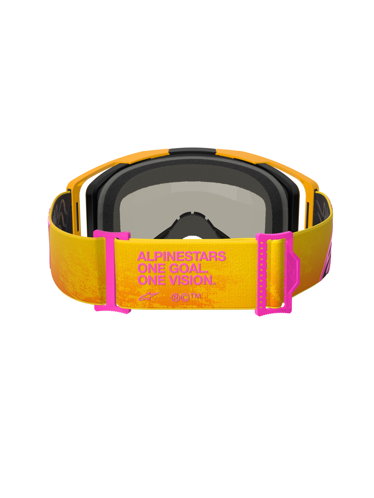 Occhiali Alpinestars Vision 8 Corp, occhiali da motocross, arancione e giallo con accenti rosa, vista posteriore che mostra il cinturino con la scritta 'ALPINESTARS ONE GOAL. ONE VISION.', regolatori del cinturino rosa, montatura arancione con imbottitura in schiuma nera