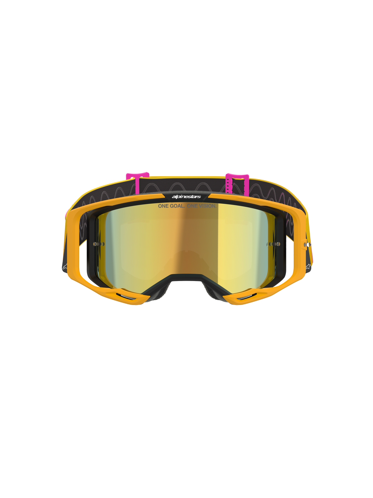 Occhiali Alpinestars Vision 8 Corp, occhiali da motocross, arancione, giallo, rosa e oro specchiato, vista frontale con lente oro specchiata e scritta 'ONE GOAL. ONE VISION.', montatura arancione brillante, fascia nera con clip rosa e motivi a linee ondulate.