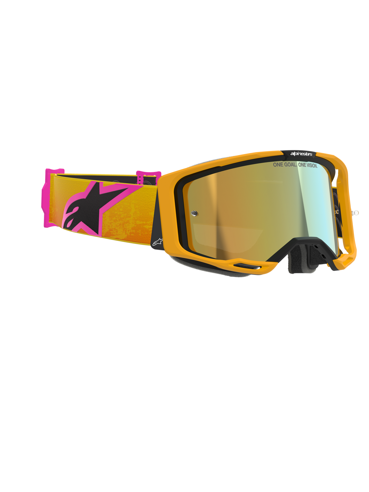 Occhiali Alpinestars Vision 8 Corp, maschera da motocross, montatura arancione con lente a specchio dorata, fascia arancione e rosa con logo Alpinestars nero, design ad alte prestazioni per corse fuoristrada