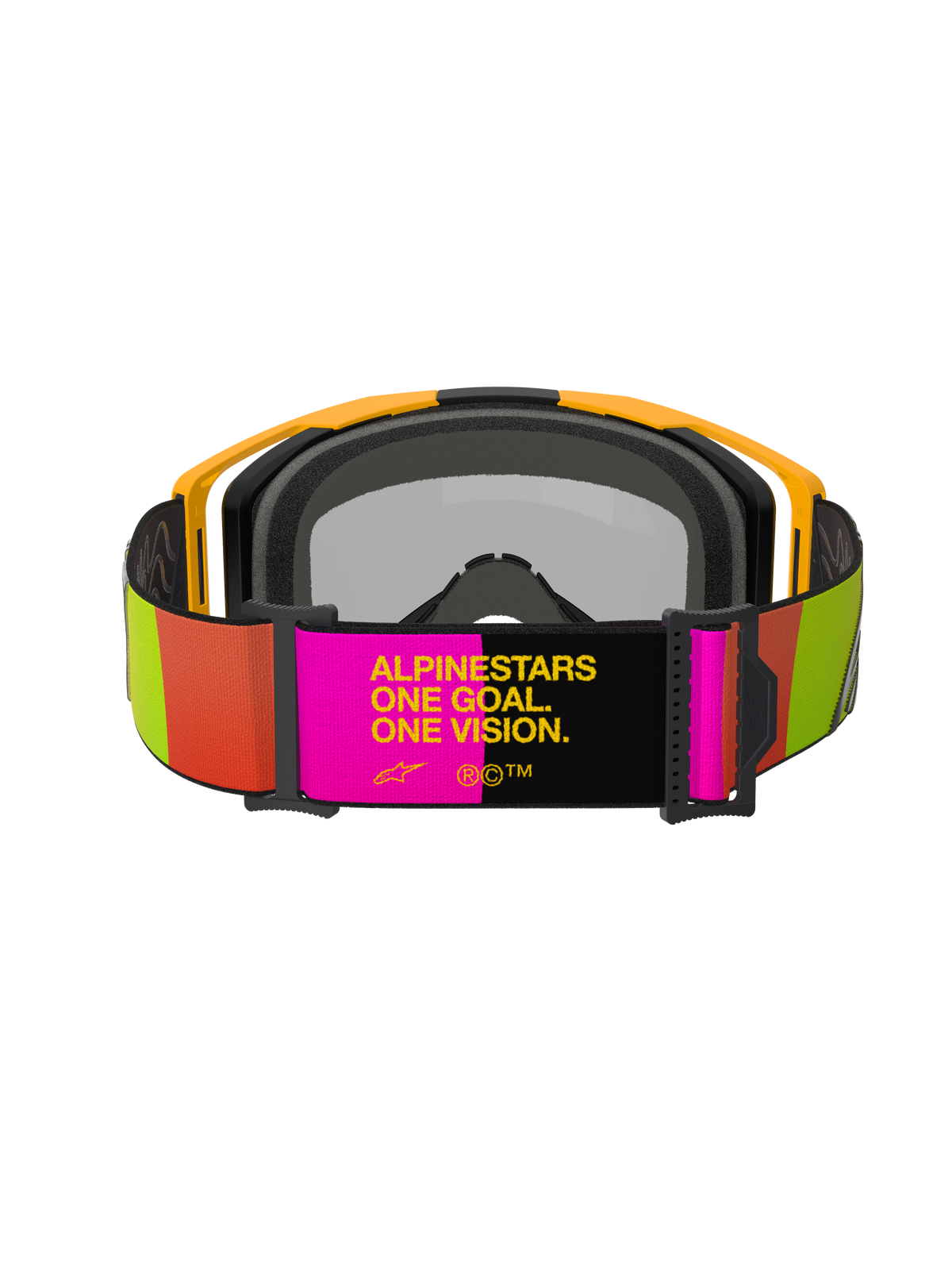 Alpinestars Vision 8 Corp Goggles, occhiali da motocross, giallo e rosa, vista posteriore con fascia regolabile e slogan "ALPINESTARS ONE GOAL. ONE VISION.", accenti vivaci lime e arancione, montatura gialla con imbottitura grigia.