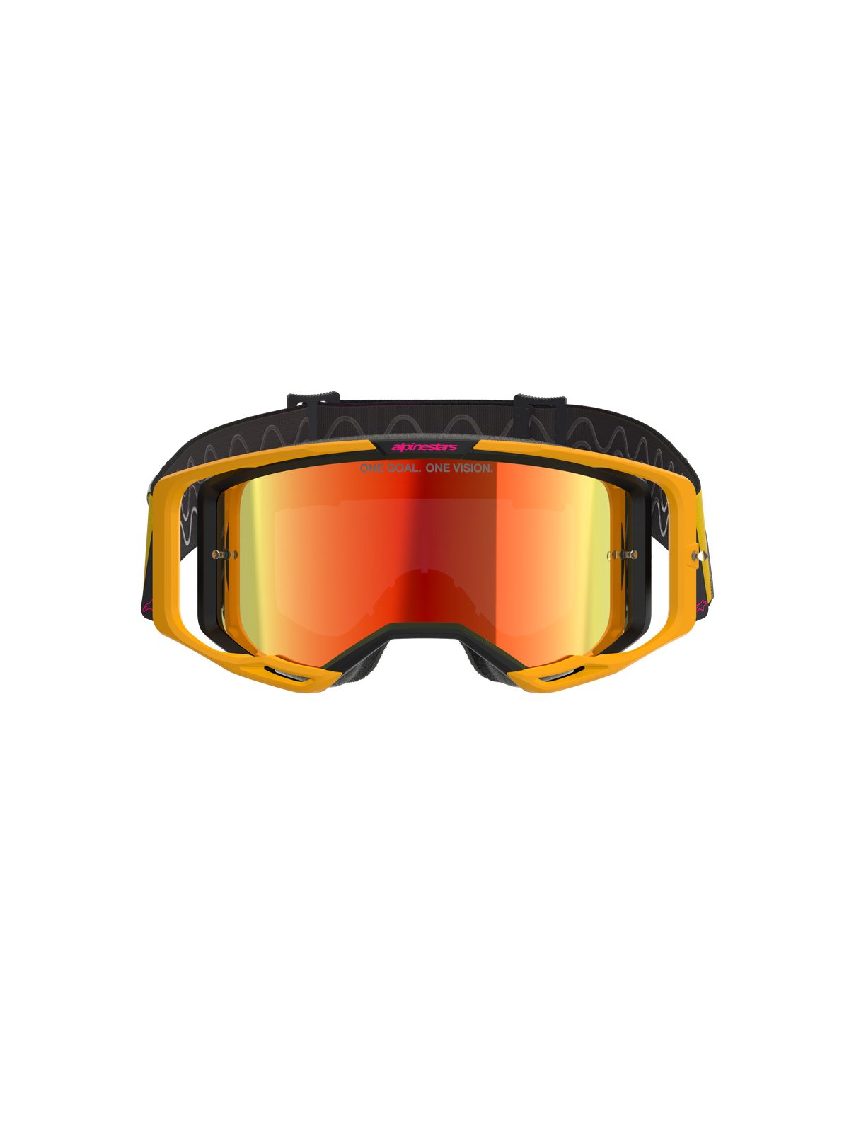Occhiali Alpinestars Vision 8 Corp, occhiali da motocross, giallo e rosa con lente rossa a specchio, con telaio A-FLEX giallo brillante, lente rossa riflettente e fascia nera con marchio Alpinestars rosa e scritta 'ONE GOAL. ONE VISION.', protezione oculare professionale per gare fuoristrada