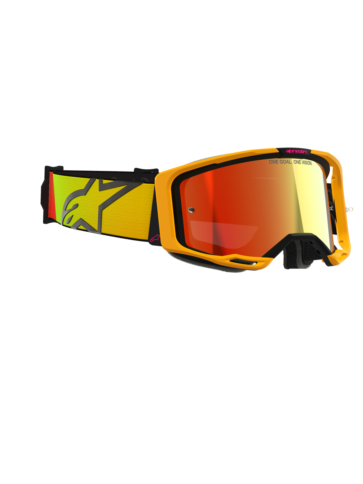 Occhiali Alpinestars Vision 8 Corp, maschera da motocross, giallo e rosa con lente Mirror Red, ampia fascia con sfumatura gialla e rosa e grande logo a stella, telaio leggero A-FLEX con stabilizzatori neri, occhiali protettivi per gare fuoristrada.
