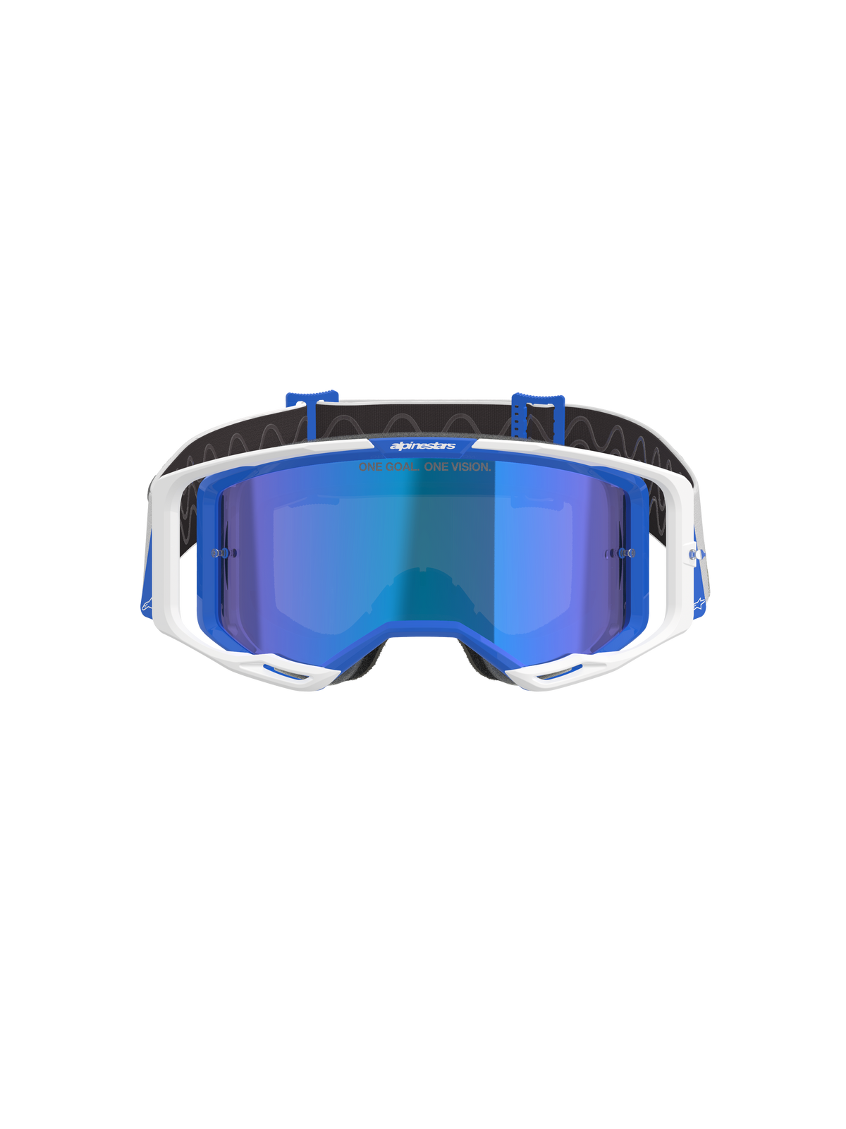 Alpinestars Vision 8 Corp Goggles, occhiali da motocross, blu e bianco con lente blu specchiata, montatura esterna bianca, dettagli interni blu e scritta 'One Goal. One Vision.' sulla lente, progettati per prestazioni nelle gare off-road