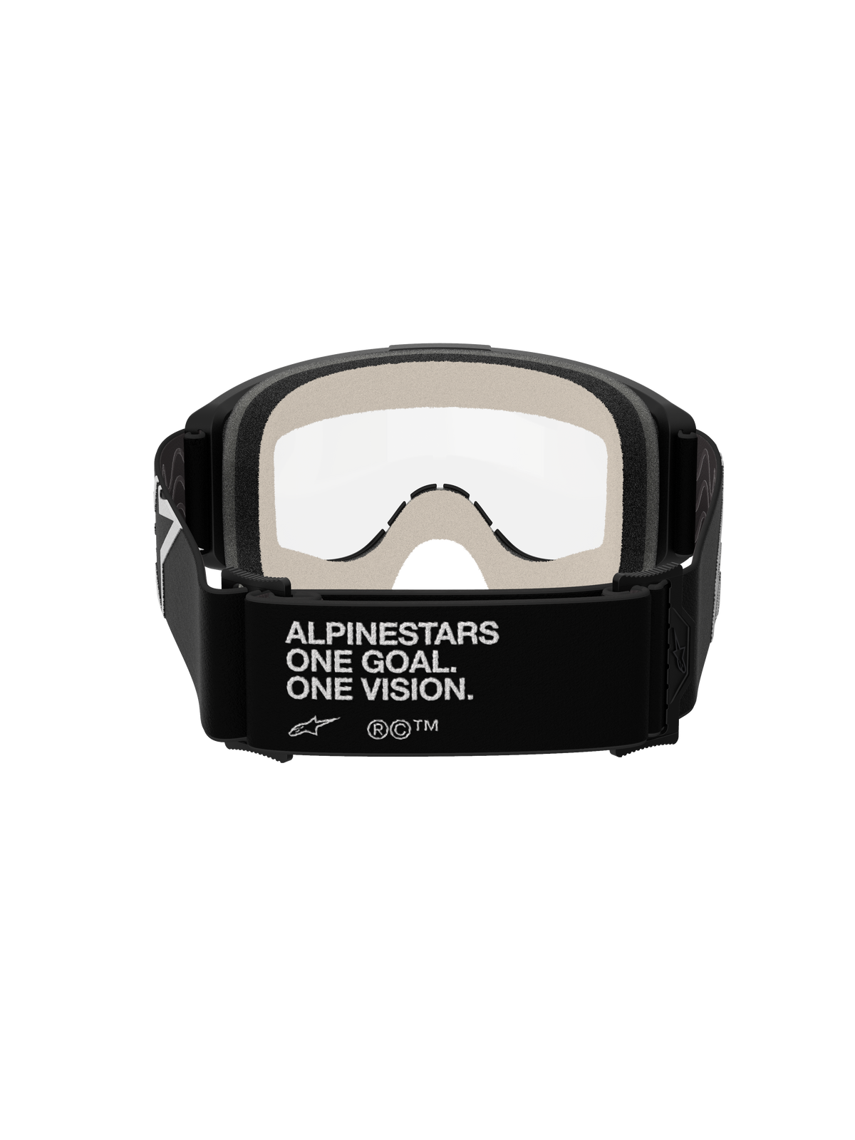 Alpinestars Vision 5 Corp Goggles, occhiali da motocross, nero e trasparente, vista posteriore che mostra la fascia nera con il marchio bianco 'ALPINESTARS ONE GOAL. ONE VISION.', schiuma facciale grigio chiaro e lente antiappannamento trasparente.
