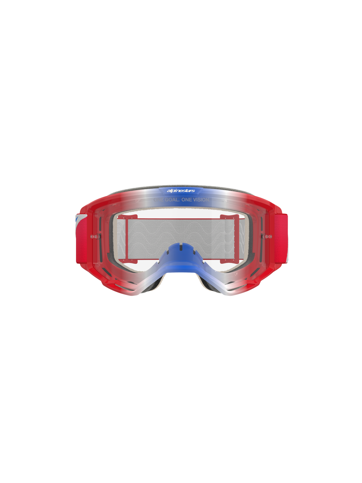 Alpinestars Vision 5 Corp Goggles, maschere da motocross, rosso, bianco e blu con lente trasparente, montatura rossa con sfumature blu e bianche, fascia tessuta rossa, marchio 'ONE GOAL. ONE VISION.' sulla lente, protezione resistente per corse fuoristrada
