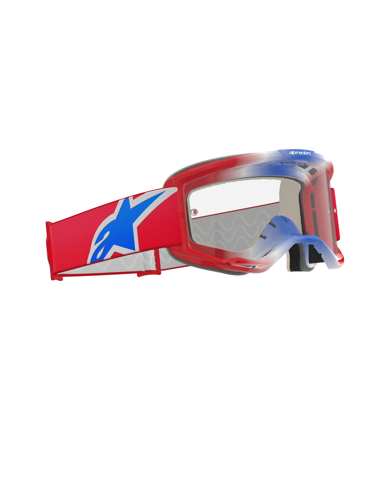 Alpinestars Vision 5 Corp Goggles, maschere da motocross, rosso, bianco e blu con lente trasparente, caratterizzate da un'ampia fascia tessuta rossa con un grande logo a stella Alpinestars blu, telaio leggero A-FLEX rosso e protezione oculare ad alte prestazioni per corse fuoristrada