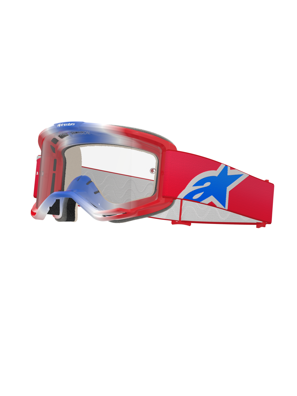 Maschere Alpinestars Vision 5 Corp, occhiali da motocross, rosso, bianco e blu, lente trasparente, montatura rossa con sfumature blu e bianche sulla parte superiore, fascia rossa con grande logo Alpinestars a stella blu e bianco, imbottitura in schiuma multistrato, occhiali da corsa ad alte prestazioni