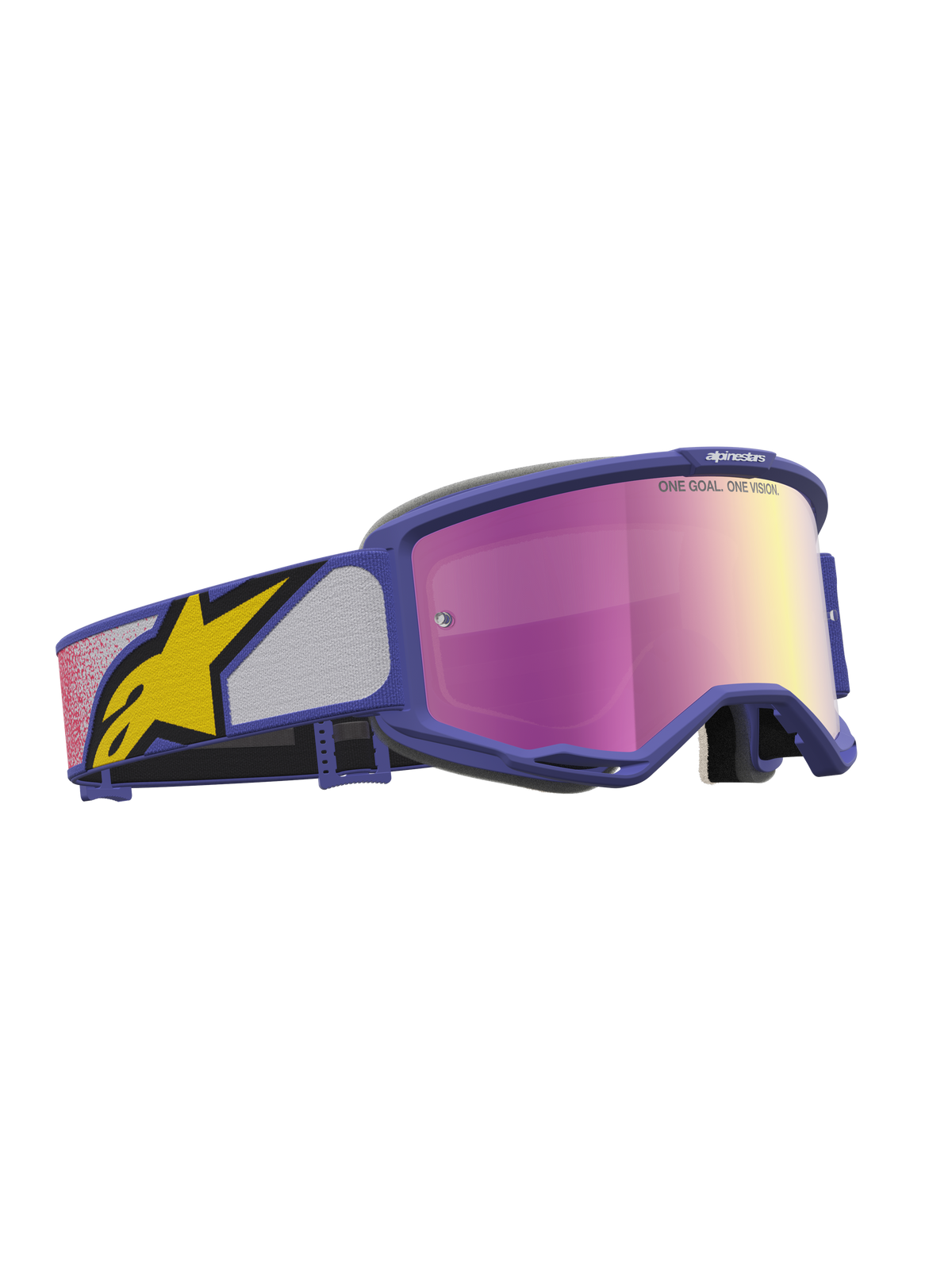 Alpinestars Maschere Vision 5 Drag, maschere da motocross racing, lenti a specchio viola e rosa, montatura A-FLEX viola e fascia con logo a stella giallo.