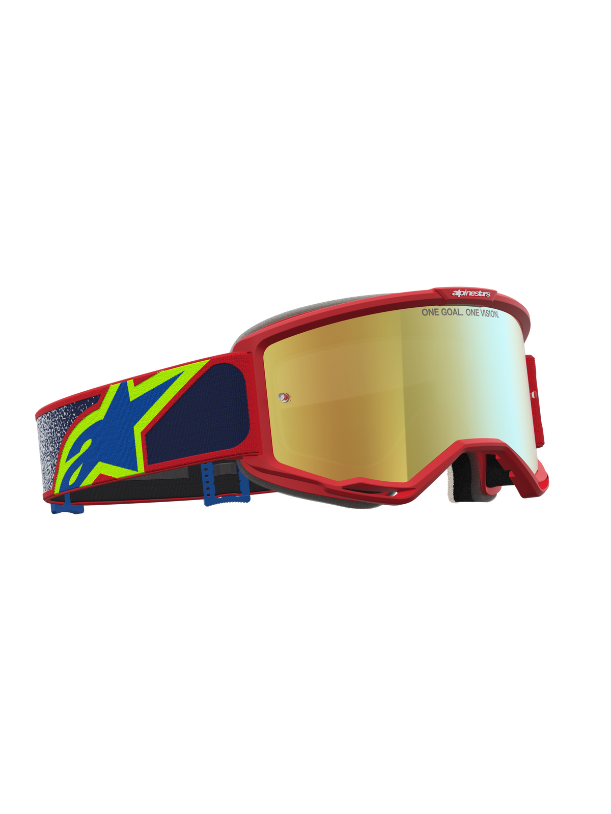 Alpinestars Maschere Vision 5 Drag, maschere da motocross, rosso e oro, montatura in uretano A-FLEX, lente a specchio oro e fascia blu, ventilazione RAM-AIR, protezione fuoristrada.