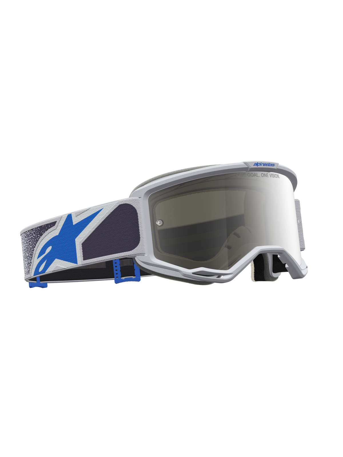 Alpinestars Maschere Vision 5 Drag, maschere da motocross, lilla chiaro e blu, lente a specchio argento, telaio A-FLEX flessibile, ventilazione RAM-AIR e ampio campo visivo.