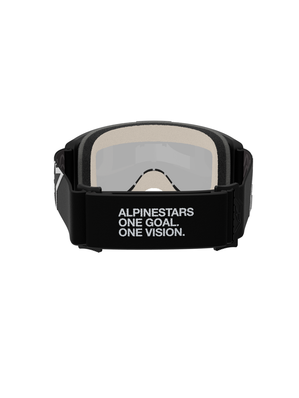 Maschere Alpinestars Vision 5 Corp, maschere da motocross, vista posteriore, con fascia tessuta nera e slogan bianco 'ALPINESTARS ONE GOAL. ONE VISION.', schiuma facciale multistrato da 17 mm, lente a specchio argento visibile dall'interno, progettate per una vestibilità sicura e prestazioni fuoristrada