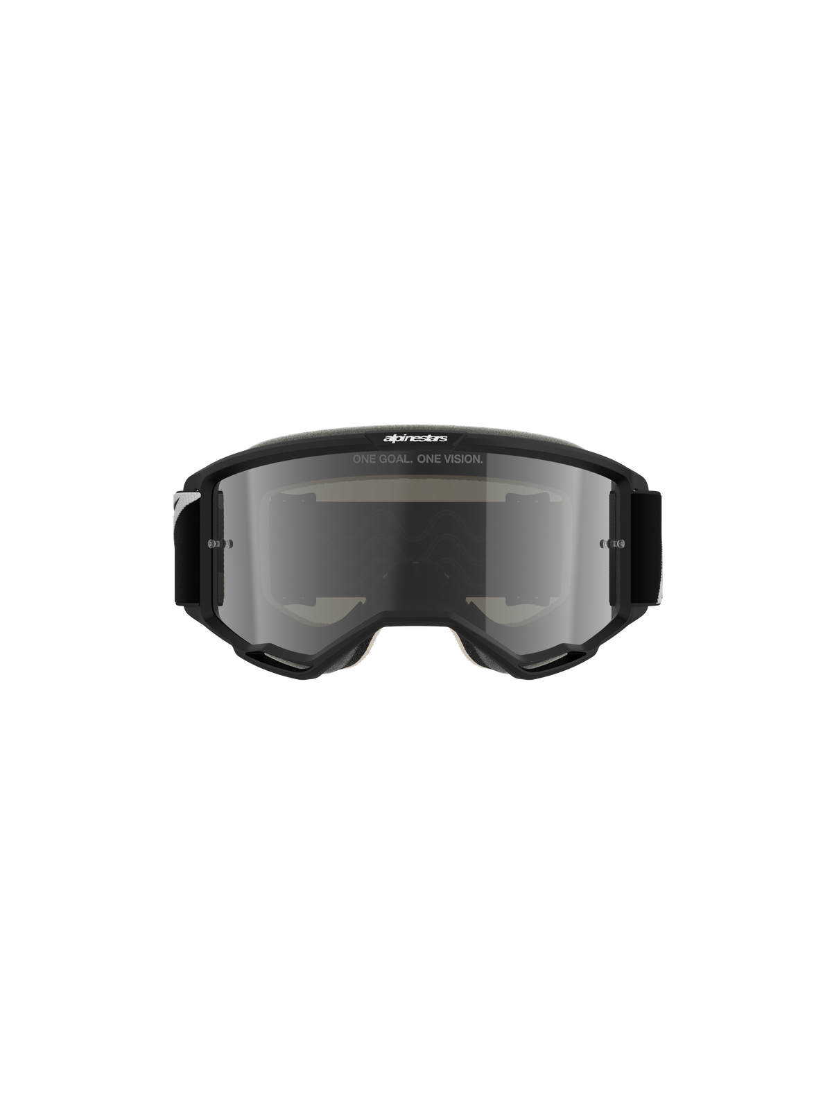 Alpinestars Vision 5 Corp Goggles, maschere da motocross, nero con lente Mirror Silver, vista frontale che mostra la scritta 'ONE GOAL. ONE VISION.' e il logo Alpinestars, design elegante per gare fuoristrada e motocross