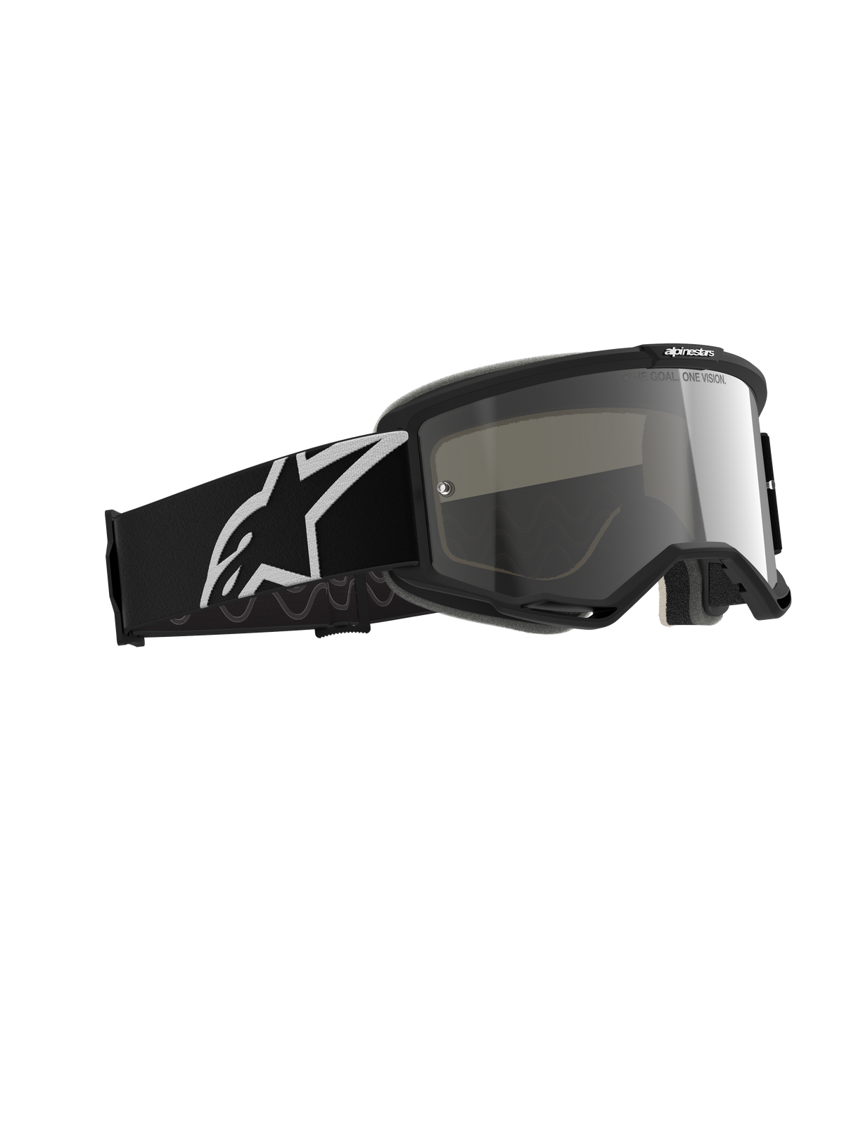 Alpinestars maschere Vision 5 Corp, maschere da motocross, nero argento a specchio, montatura nera con lente argento a specchio, ampia fascia nera con un grande logo Alpinestars bianco, progettate per prestazioni fuoristrada