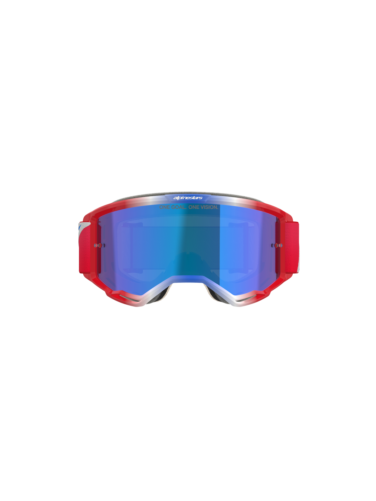 Alpinestars Vision 5 Corp Goggles, maschere da motocross, montatura rossa e bianca con lente a specchio blu, fascia rossa e scritta 'ONE GOAL... ONE VISION' sulla lente, vista frontale