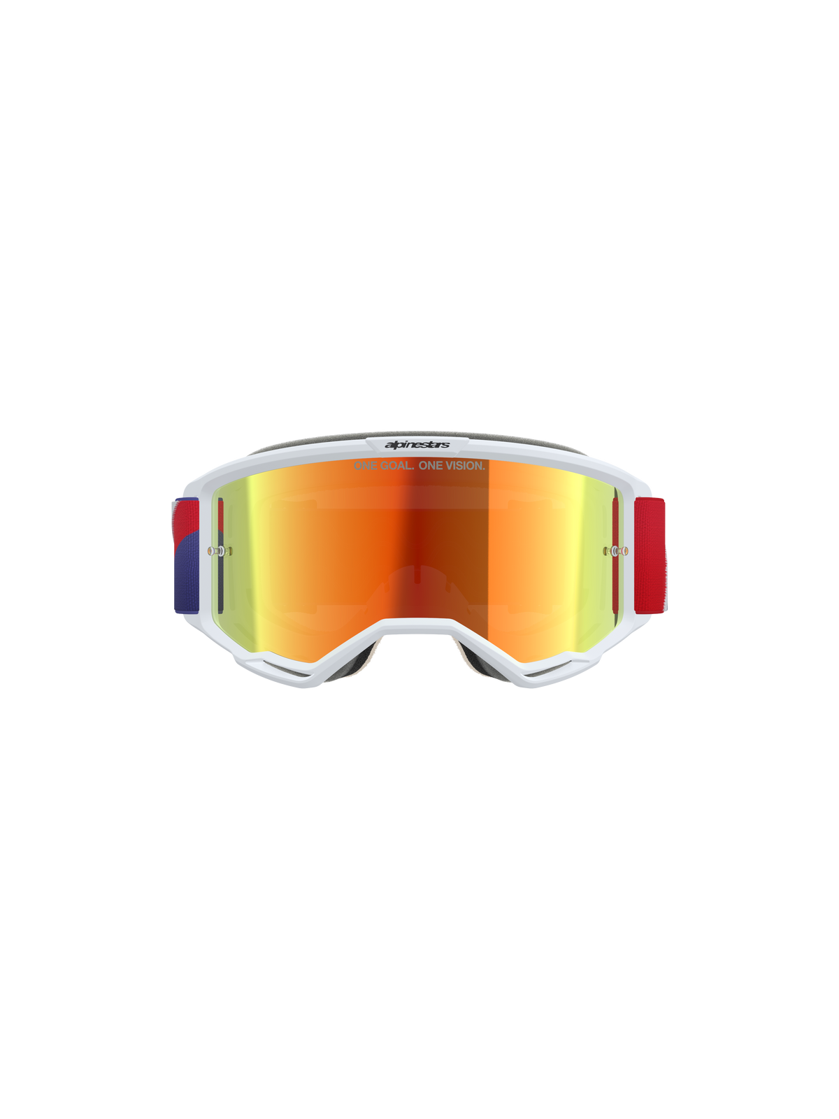 Alpinestars Vision 5 Corp Goggles, occhiali da motocross, montatura bianca con lente a specchio Purple Mirror Red, fascia regolabile rossa e viola, con la scritta 'ONE GOAL. ONE VISION.' sulla lente, occhiali protettivi ad alte prestazioni per corse fuoristrada.