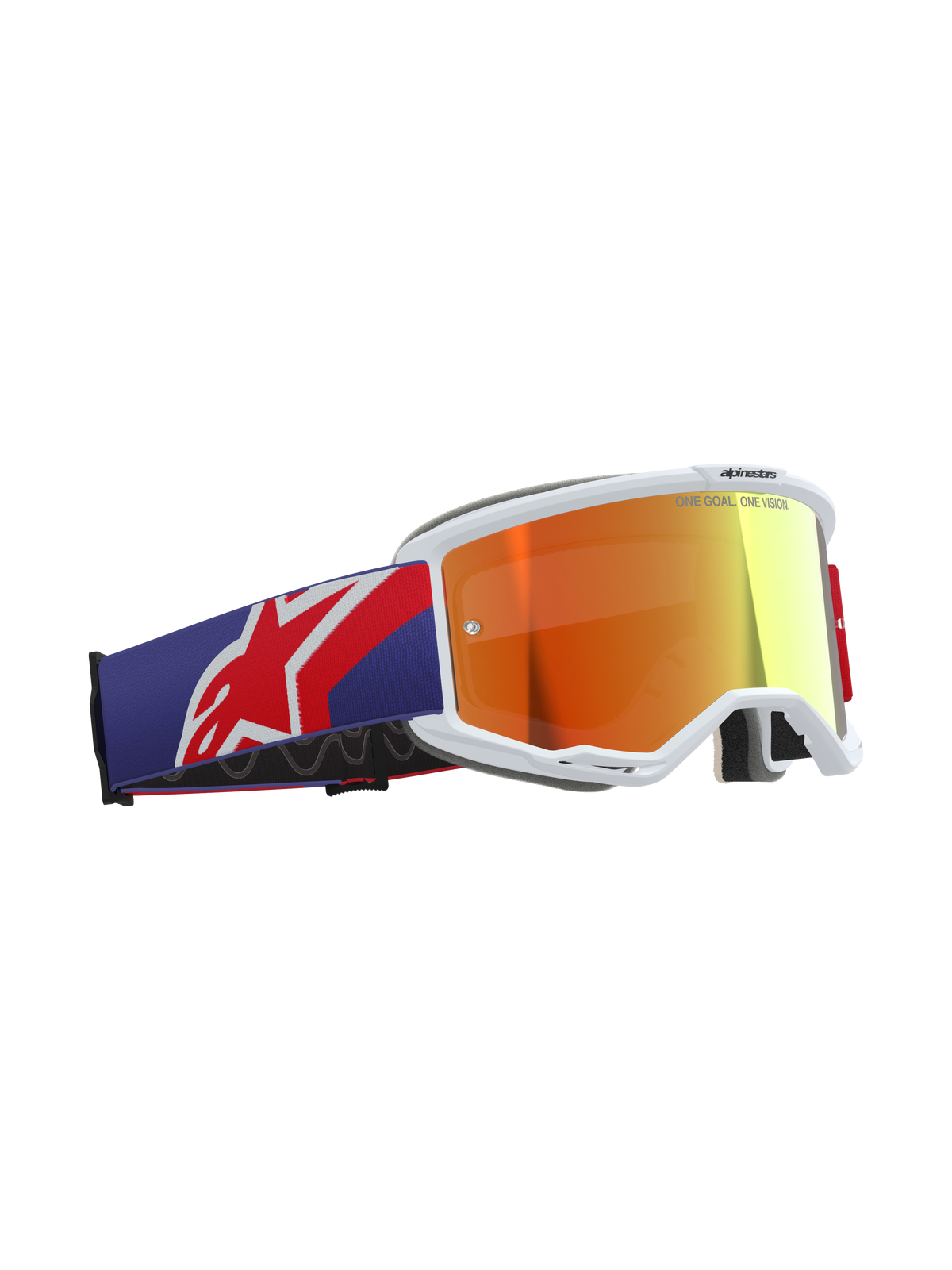 Alpinestars Maschere Vision 5 Corp, maschere da motocross, colorazione rosso e viola con lente Purple Mirror Red, montatura bianca in uretano A-FLEX, spessa schiuma facciale multistrato, ampia fascia regolabile con logo Alpinestars rosso e bianco, occhiali da corsa fuoristrada professionali.