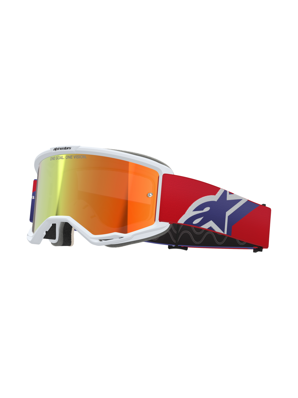 Alpinestars Vision 5 Corp Goggles, montatura bianca con lente a specchio riflettente arancione e viola, scritta "ONE GOAL. ONE VISION.", cinturino rosso con logo a stella blu e bianco, maschera da gara per motocross