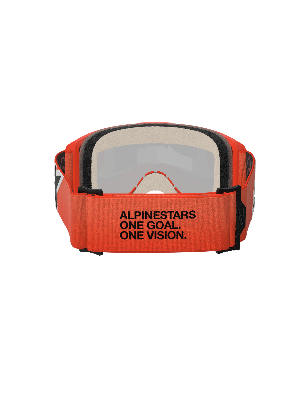 Occhiali Alpinestars Vision 5 Corp, vista posteriore con fascia intrecciata arancione e scritta nera "ALPINESTARS ONE GOAL. ONE VISION.", schiuma facciale multistrato, montatura arancione, occhiali professionali da motocross