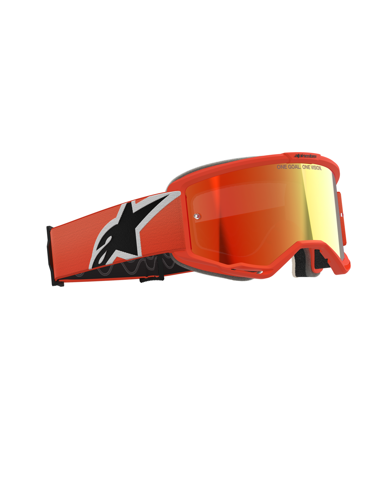 Occhiali Alpinestars Vision 5 Corp, occhiali da motocross, arancione con lente a specchio rossa, montatura e fascia arancione vivace con grande logo Astars bianco e nero, lente specchiata rosso-arancio con branding sulla parte superiore, occhiali protettivi professionali per il fuoristrada