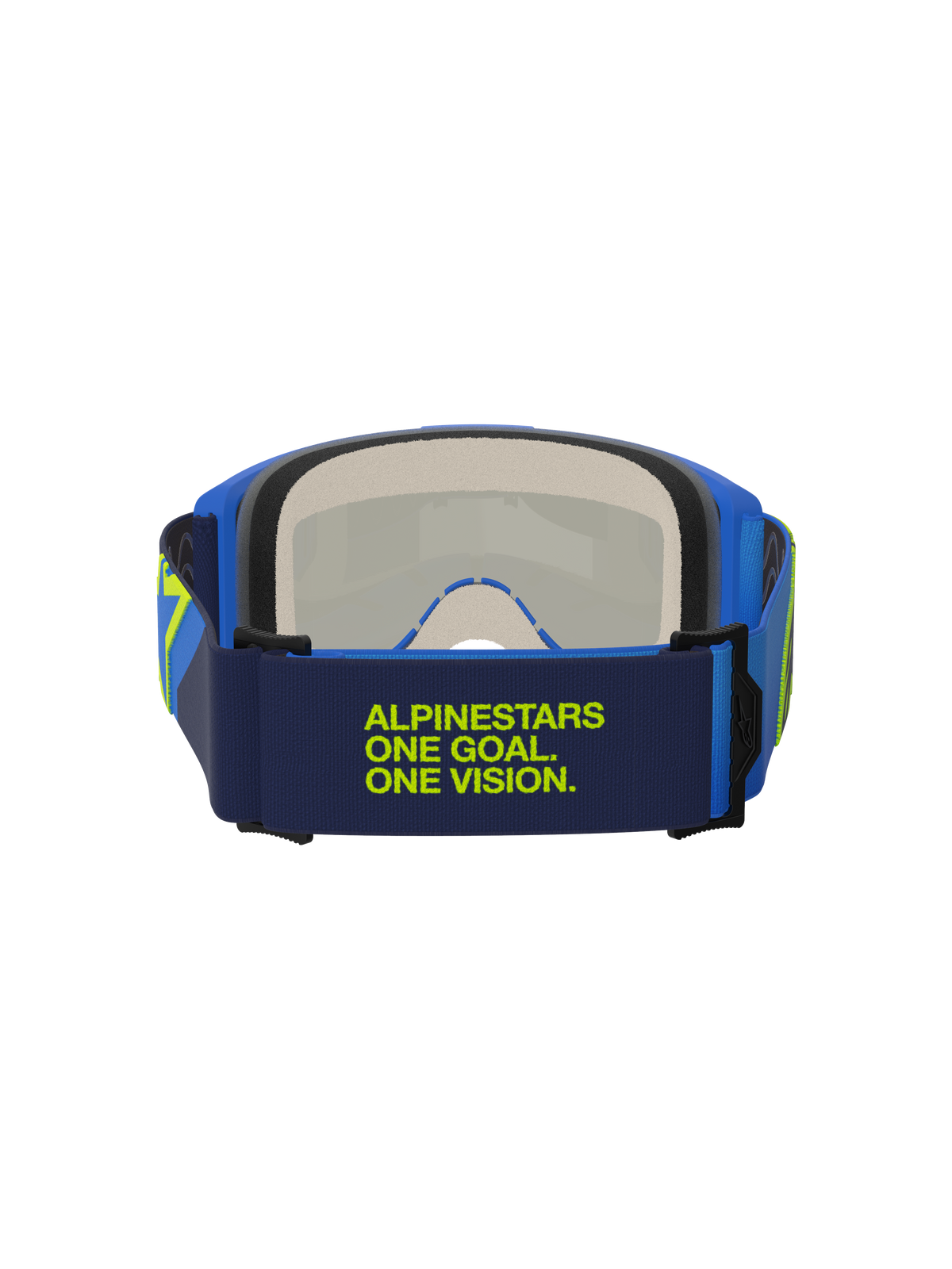 Maschera Alpinestars Vision 5 Corp, blu e giallo fluo, vista posteriore con elastico blu scuro e scritta verde lime 'Alpinestars One Goal One Vision', montatura blu e schiuma facciale multistrato, protezione per motocross