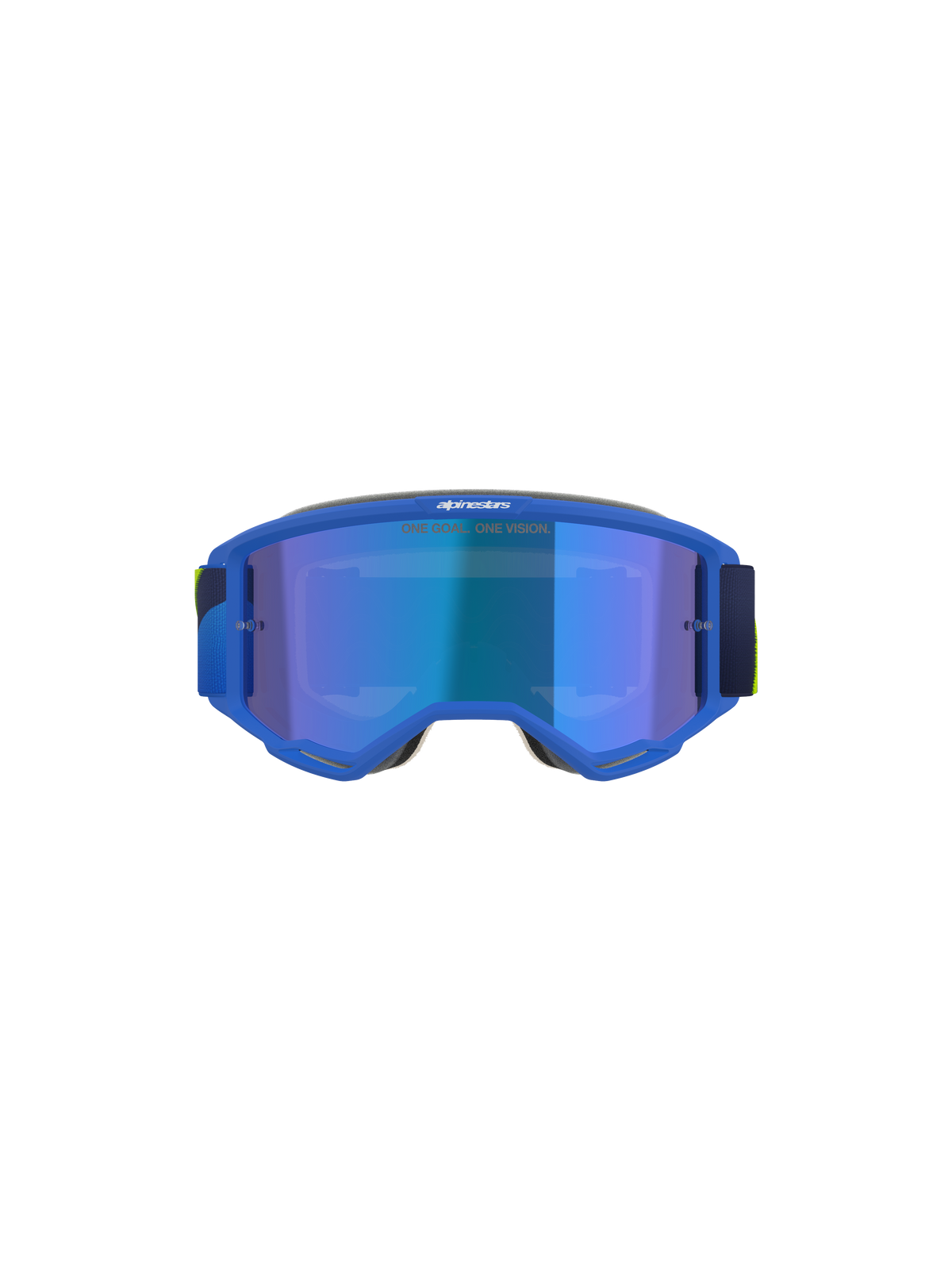 Alpinestars Vision 5 Corp Goggles, maschera da motocross, blu e giallo fluo, lente blu specchiata con testo 'ONE GOAL. ONE VISION.', vista frontale, montatura in uretano A-FLEX ultra-flessibile, occhiali protettivi per prestazioni fuoristrada