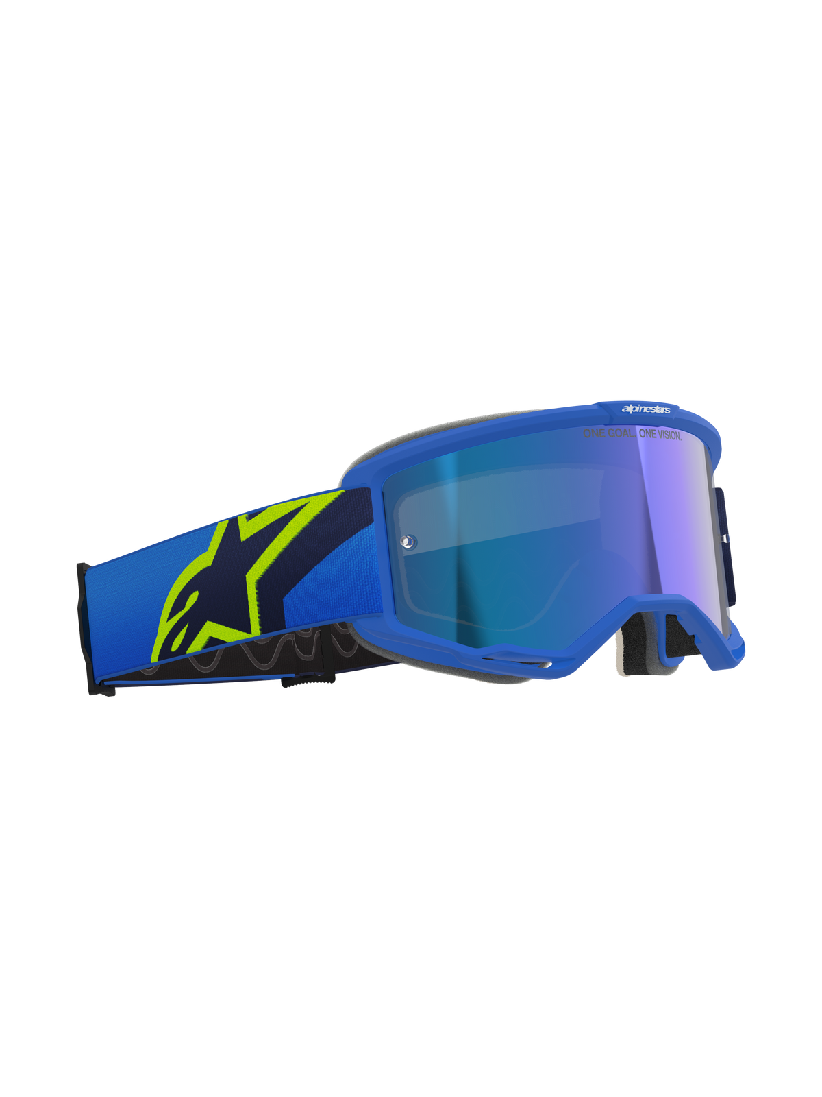 Maschera Alpinestars Vision 5 Corp, occhiali da motocross, blu e giallo fluo con lente blu specchiata, fascia blu con grande logo a stella giallo fluo, scritta 'ONE GOAL. ONE VISION.' sulla lente, protezione oculare professionale per fuoristrada