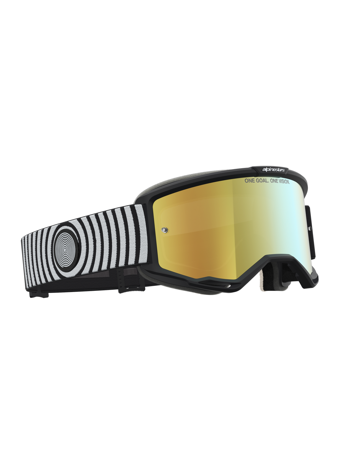 Alpinestars Maschere Vision 5 Hone, maschere da motocross, nero e bianco, lente a specchio dorata e telaio A-FLEX, cinturino con grafica a spirale.