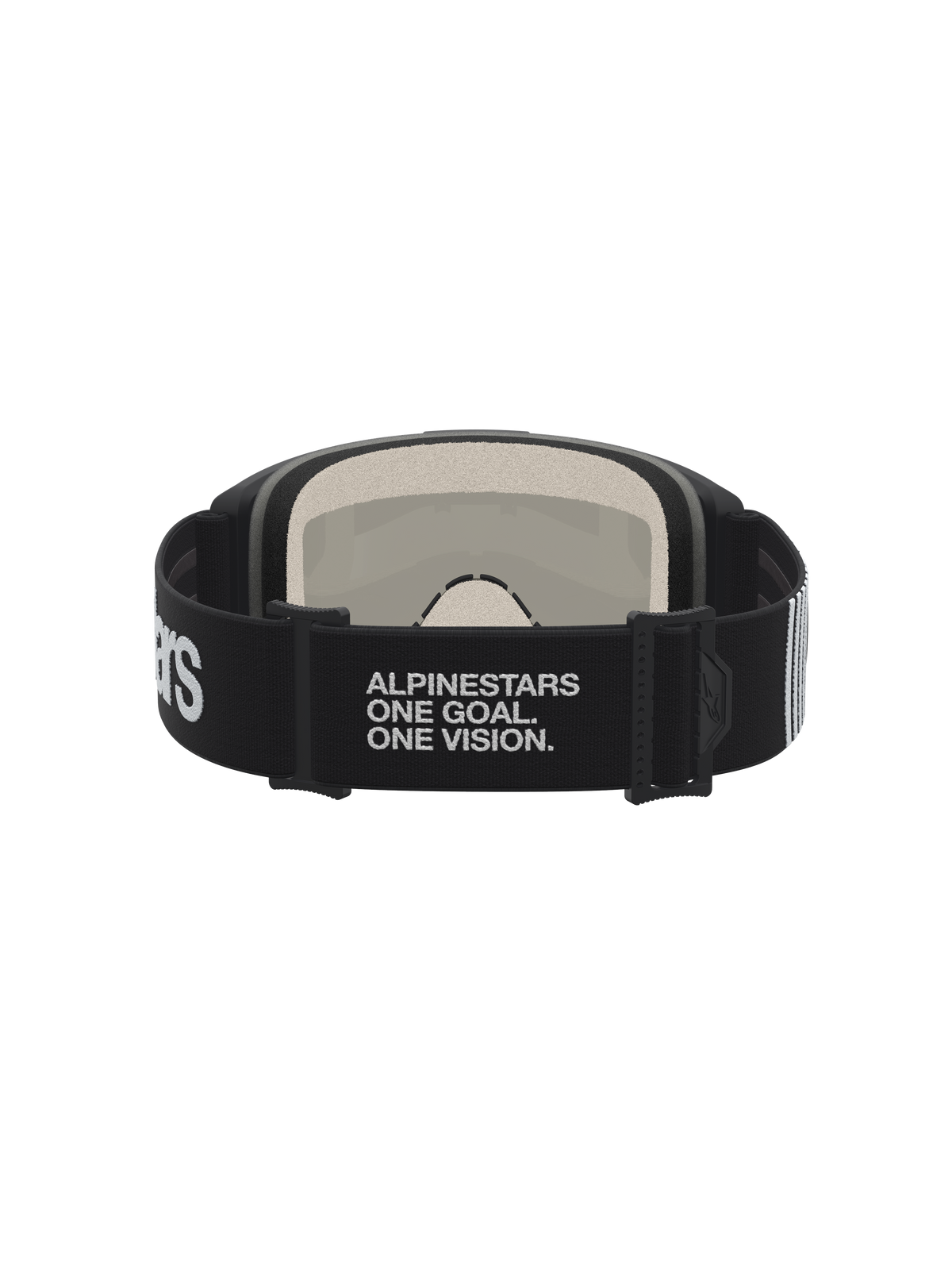Alpinestars Maschere Vision 5 Hone, maschere da motocross, nero e bianco, vista posteriore con cinturino elastico logato One Goal One Vision e schiuma multistrato da 17 mm.