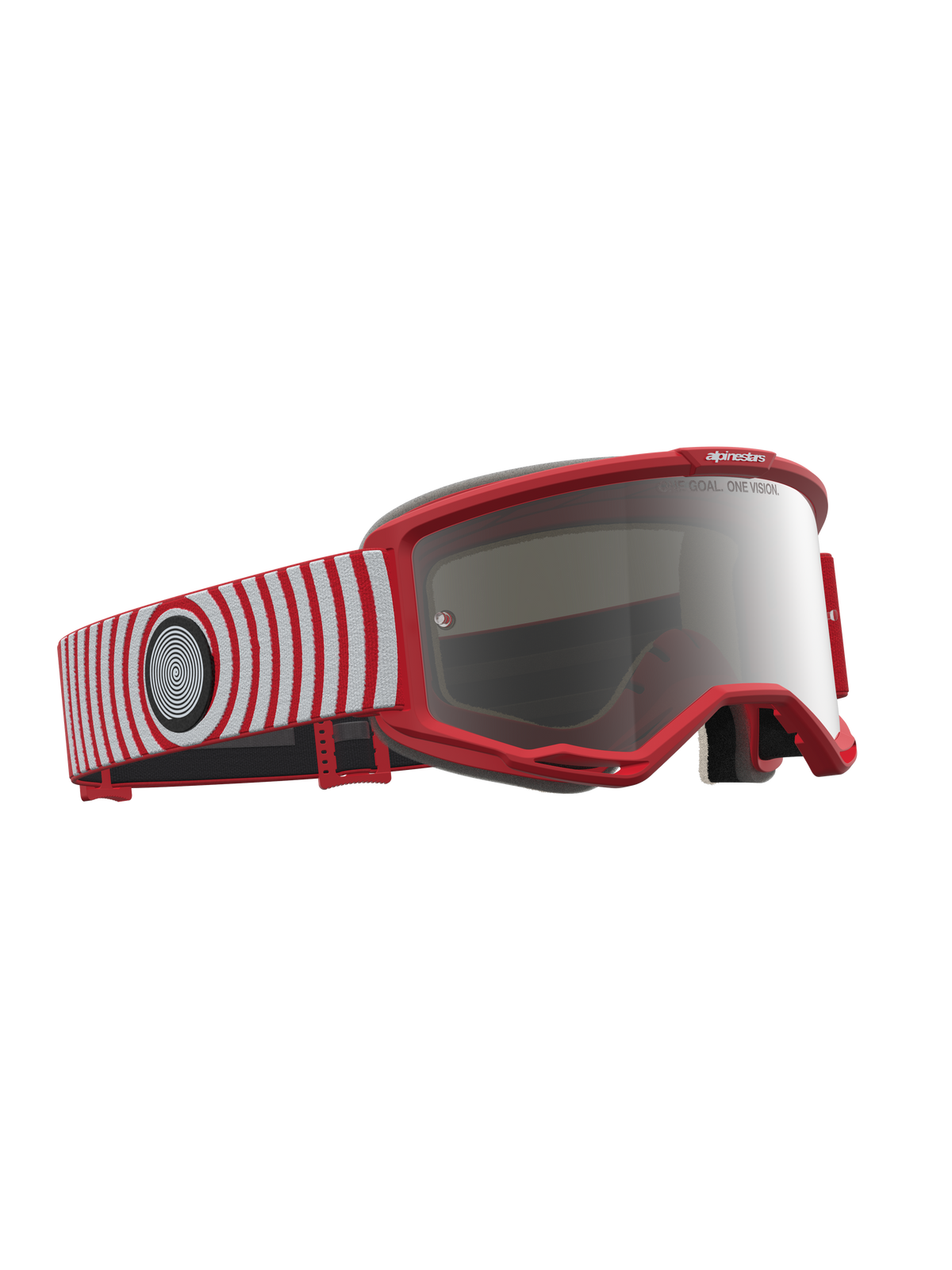 Alpinestars Maschere Vision 5 Hone, maschere da motocross con montatura rossa, fascia a strisce bianche e rosse, lente argento specchiata, telaio A-FLEX flessibile e sistema di ventilazione RAM-AIR per fuoristrada