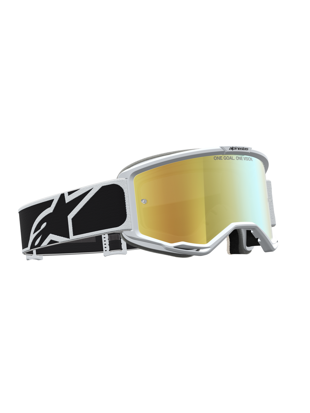 Alpinestars Maschere Vision 5 Rora, maschere da motocross con lente dorata a specchio, montatura bianca e fascia nera.