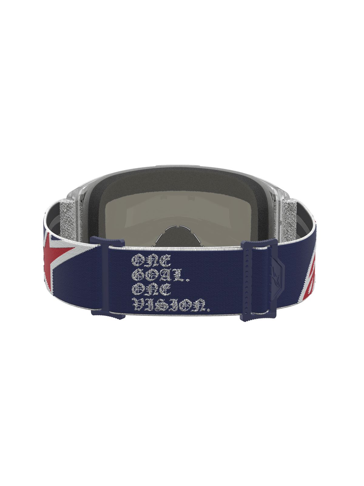 Alpinestars Vision 5 Le Fiftyfold Goggle, maschera da motocross, vista posteriore con cinturino blu e rosso, slogan 'One Goal. One Vision.' bianco e grafica con bandiera britannica.