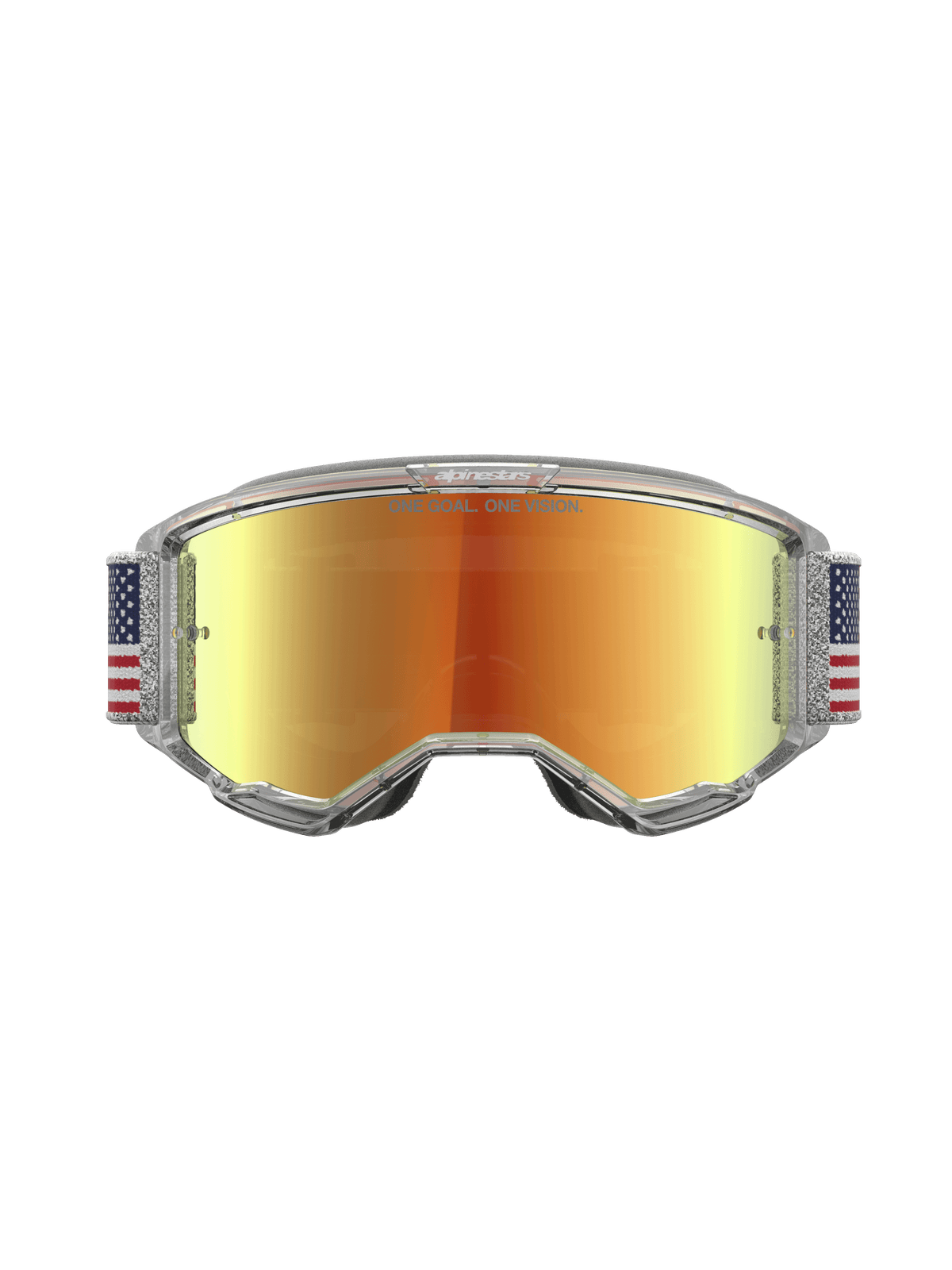 Alpinestars Vision 5 Le Fiftyfold, maschere da motocross con lente a specchio rossa, montatura trasparente e cinturino con bandiera blu e bianca, protezione off-road.