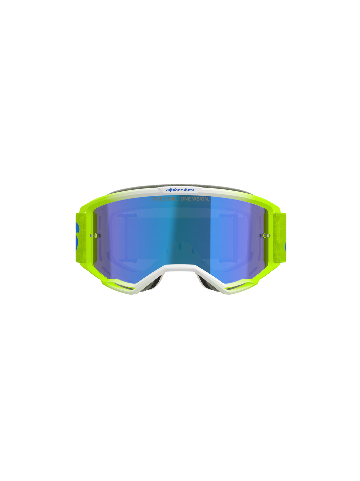 Alpinestars Vision 5 Blaze Goggles, occhiali da motocross, giallo fluo e blu, con lente Blue Mirror, dettagli della montatura bianchi e ampia fascia regolabile con marchio Alpinestars, protezione professionale per gli occhi per corse fuoristrada e motocross
