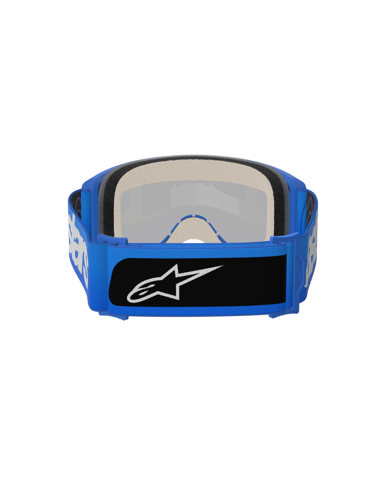 Alpinestars Vision 5 Blaze Goggles, occhiali da motocross, blu, vista posteriore che mostra la spessa schiuma facciale multistrato e l'ampia fascia blu intrecciata con patch logo nera, protezione per gli occhi ad alte prestazioni per la guida off-road