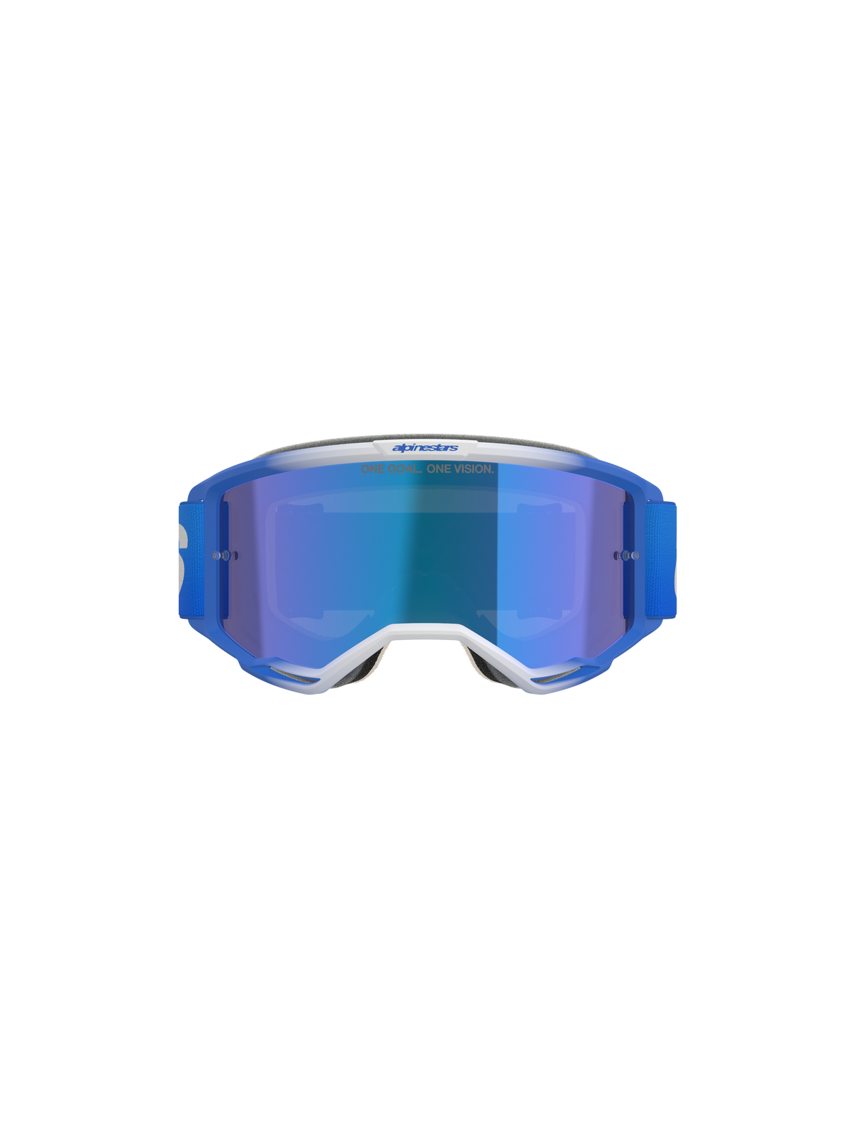 Alpinestars Vision 5 Blaze Goggles, occhiali da motocross, Blue Mirror Blue, vista frontale con montatura A-FLEX blu e bianca, lente a specchio blu e fascia intrecciata blu, protezione professionale per gli occhi da fuoristrada