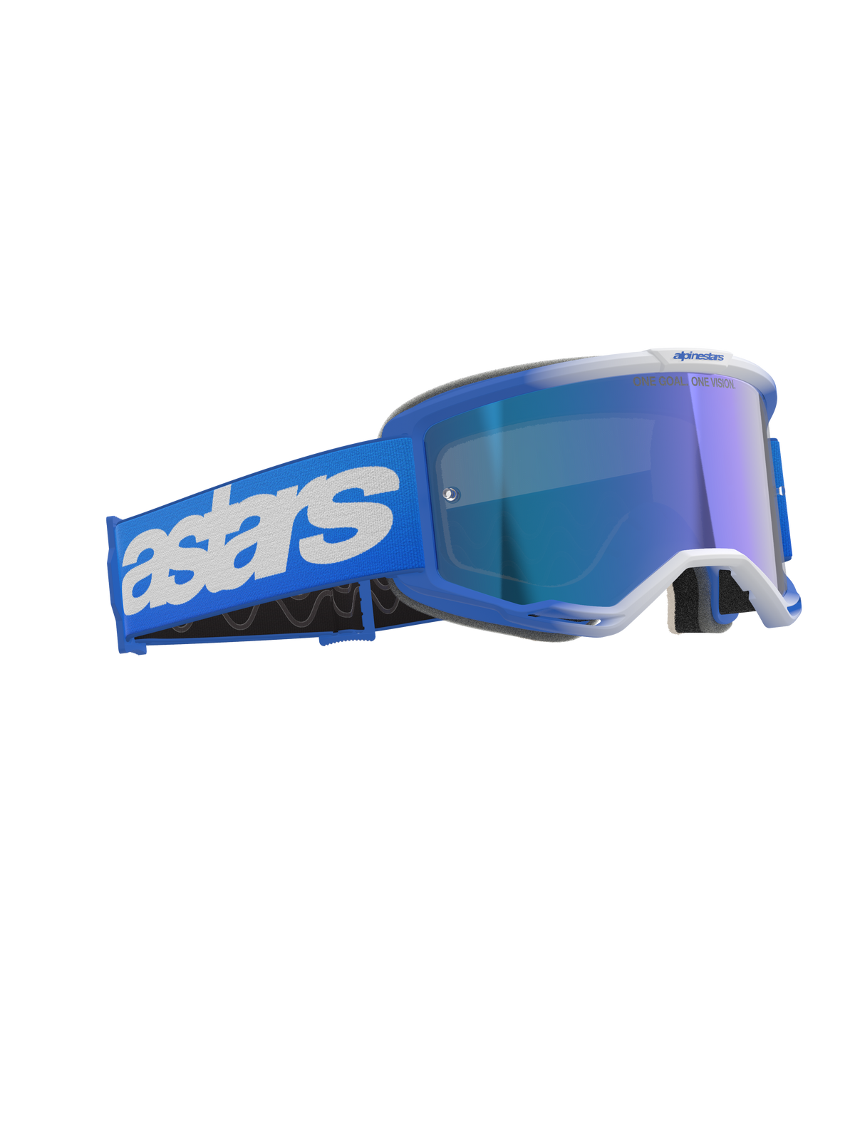 Alpinestars Vision 5 Blaze Goggles, maschere da motocross, Blue Mirror Blue, con montatura blu e lente a specchio, ampia fascia blu con marchio Astars bianco, occhiali protettivi per fuoristrada ad alte prestazioni