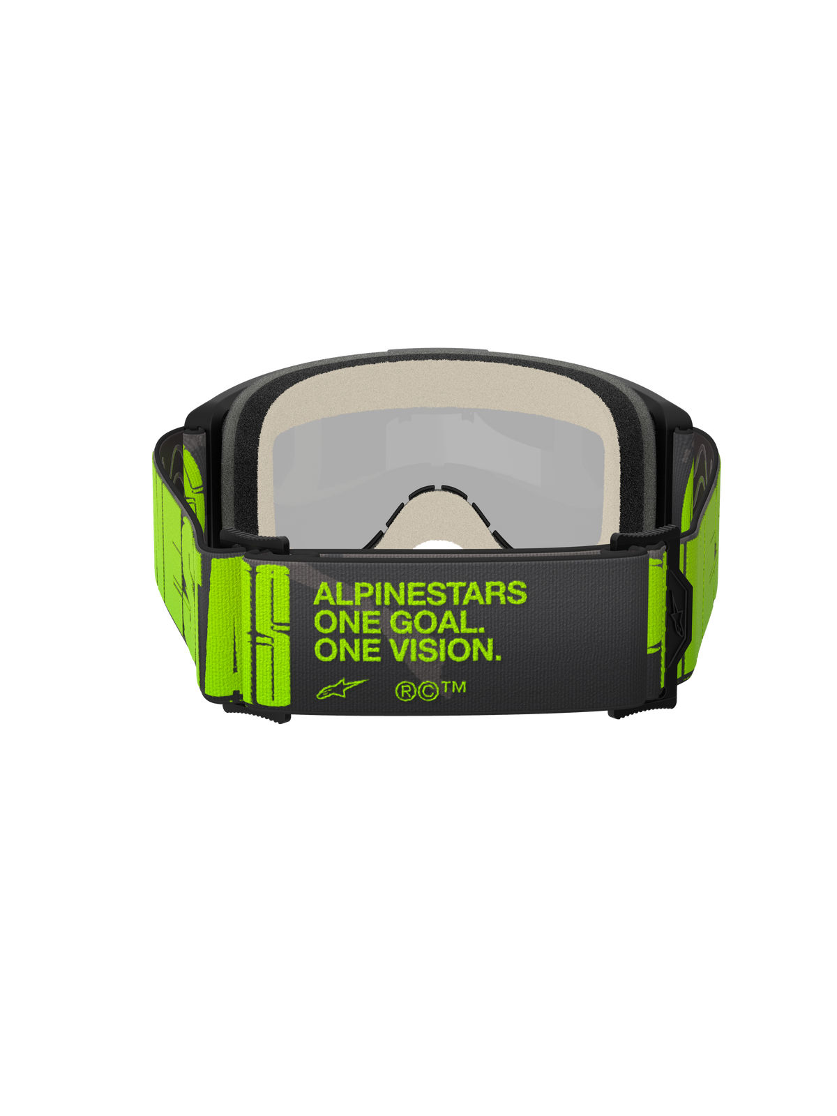 Alpinestars Vision 5 Hollow Goggles, occhiali da motocross, grigio antracite e giallo fluo, vista posteriore che mostra l'ampia fascia tessuta con branding 'ALPINESTARS ONE GOAL. ONE VISION.', schiuma facciale multistrato, progettati per gare fuoristrada