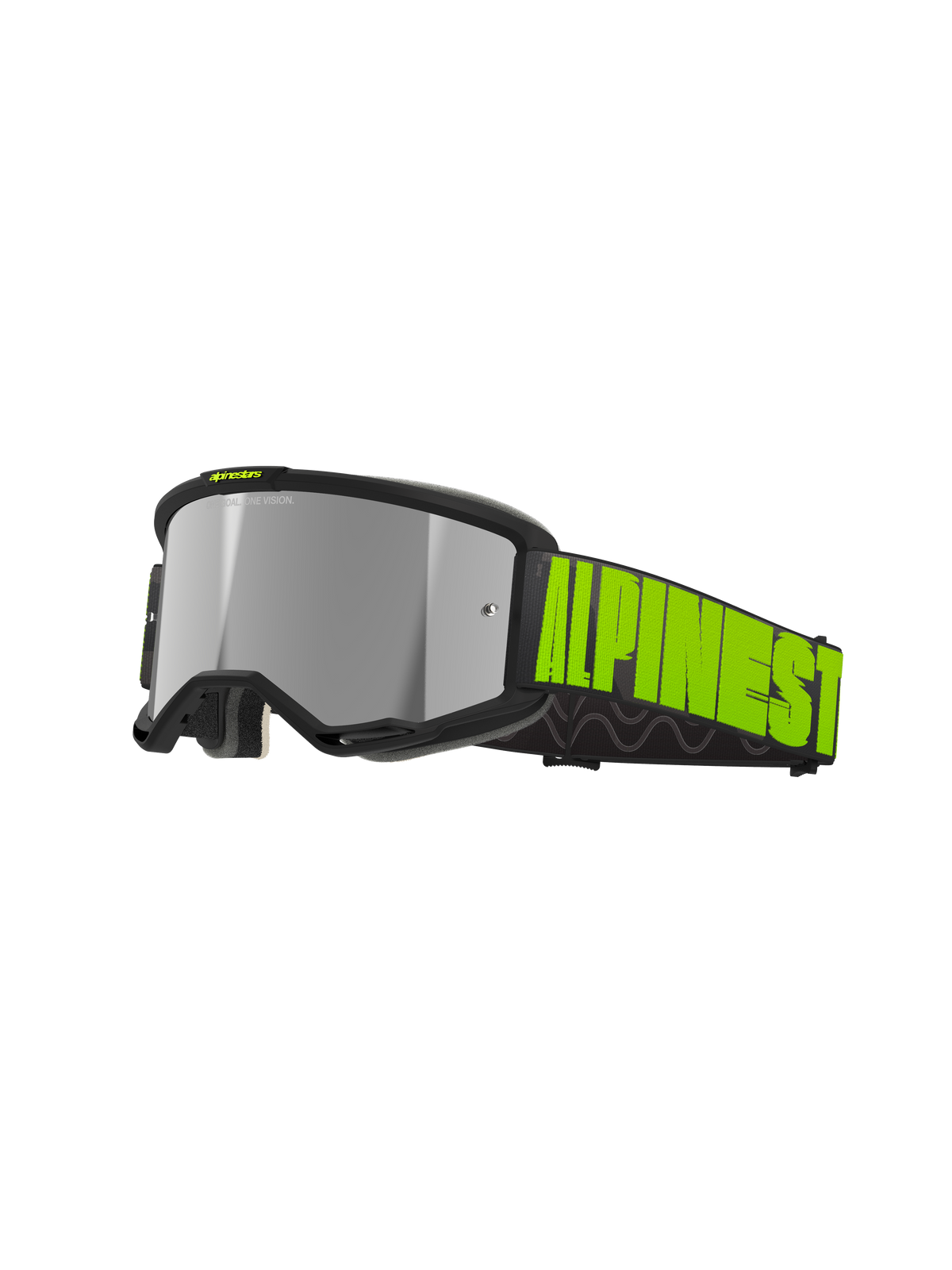 Alpinestars Vision 5 Hollow Goggles, occhiali da motocross fuoristrada, grigio antracite e giallo fluo, lente a specchio argento riflettente con montatura nera, ampio cinturino nero con logo giallo neon e grip interno in silicone, fori di ventilazione e morbida imbottitura facciale