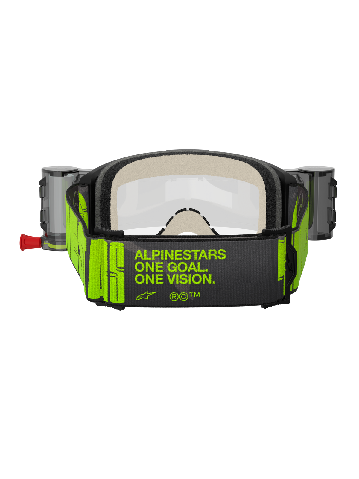 Alpinestars Vision 5 Hollow Goggles Roll Off, maschera da motocross, antracite e giallo fluo, vista posteriore dell'ampia fascia tessuta con lo slogan 'ALPINESTARS ONE GOAL. ONE VISION.' in giallo neon, spessa schiuma facciale multistrato, contenitori per il sistema roll-off