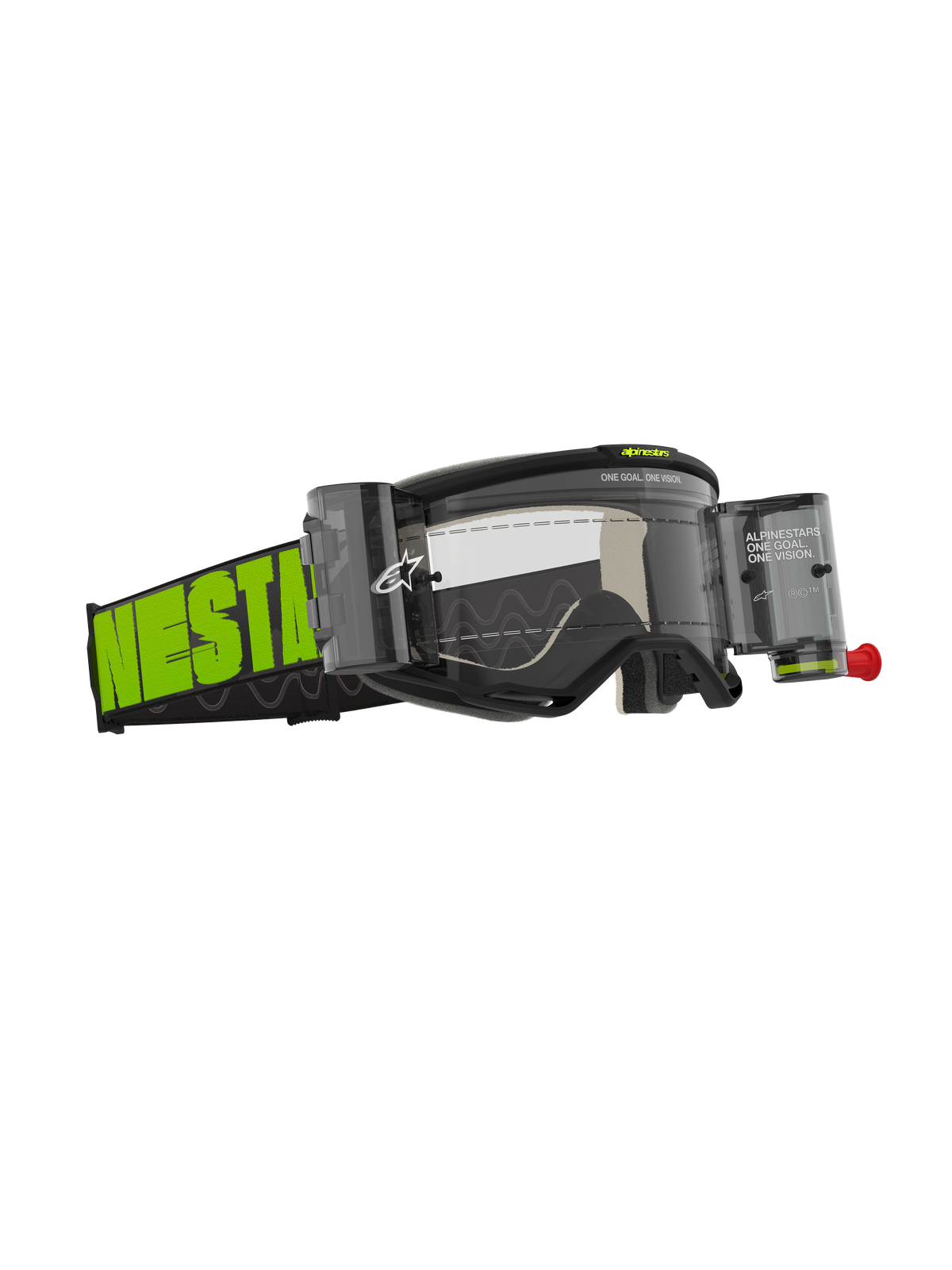 Maschere Alpinestars Vision 5 Hollow Roll Off, maschere da motocross, grigio antracite e giallo fluo, lente trasparente con contenitori roll-off integrati, ampia fascia tessuta con logo verde neon, telaio A-FLEX e schiuma facciale multistrato per prestazioni off-road.