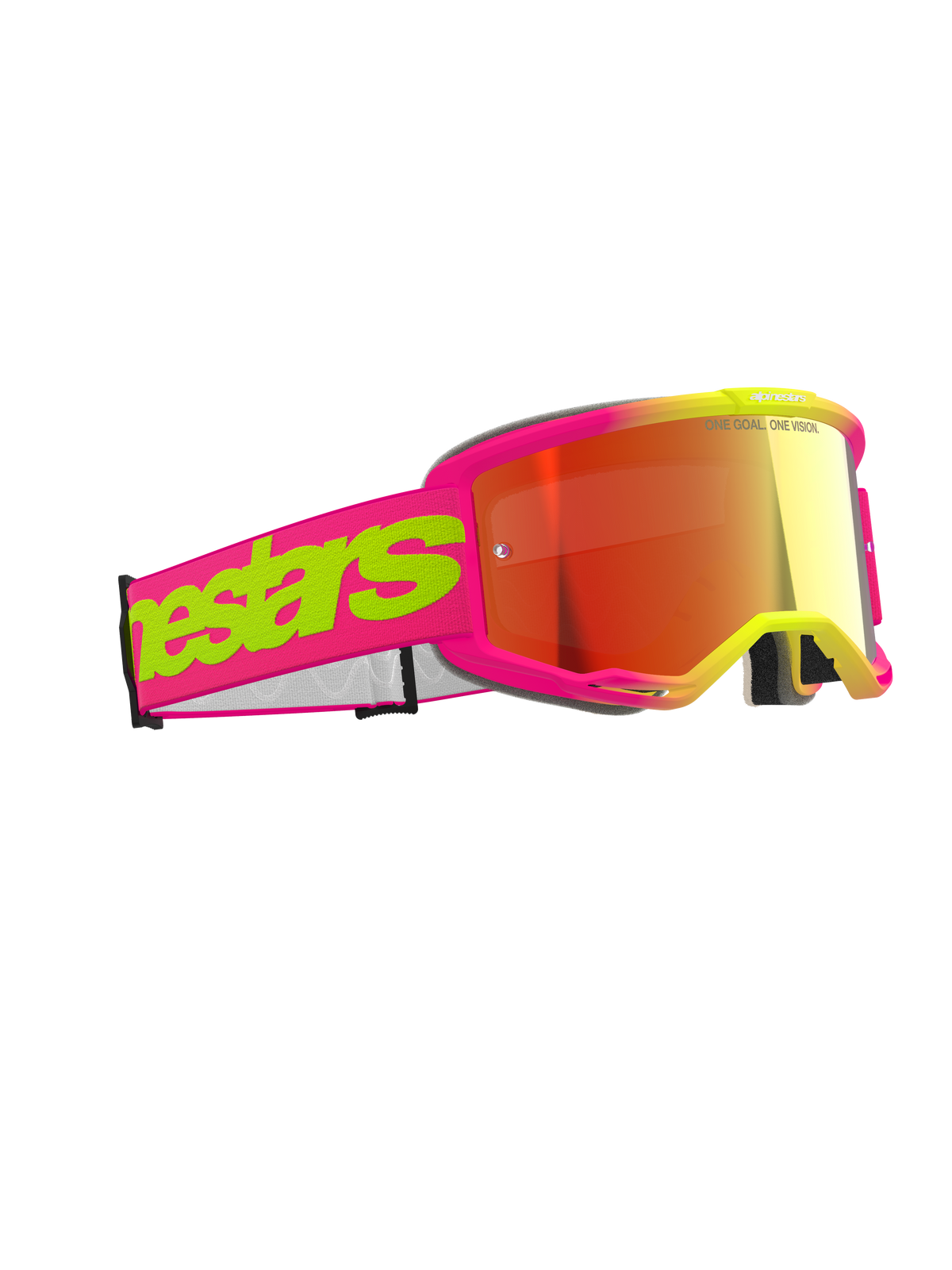 Maschera Alpinestars Vision 5 Wordmark, maschera da motocross, rosa e giallo fluorescente con lente a specchio rossa, wordmark audace sulla fascia, montatura flessibile, protezione oculare ad alte prestazioni per corse fuoristrada