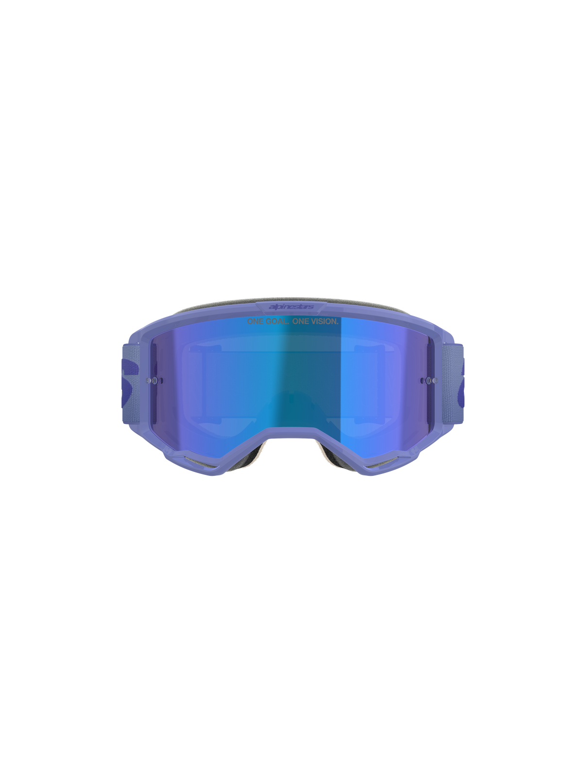 Occhiali Alpinestars Vision 5 Wordmark, occhiali da motocross, viola con lente specchiata blu, vista frontale con ampio campo visivo, fascia regolabile e branding evidente