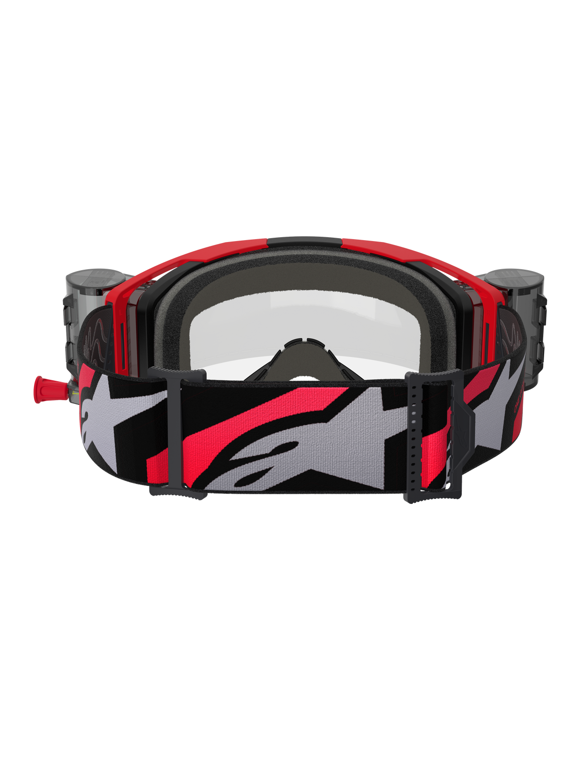 Alpinestars Vision 8 Luar Goggles Roll Off, maschere da motocross, rosso, nero e trasparente, vista posteriore con imbottitura interna in schiuma grigia, serbatoi del sistema roll-off sui lati e ampia fascia regolabile con un grande logo Alpinestars grigio e accenti rossi.